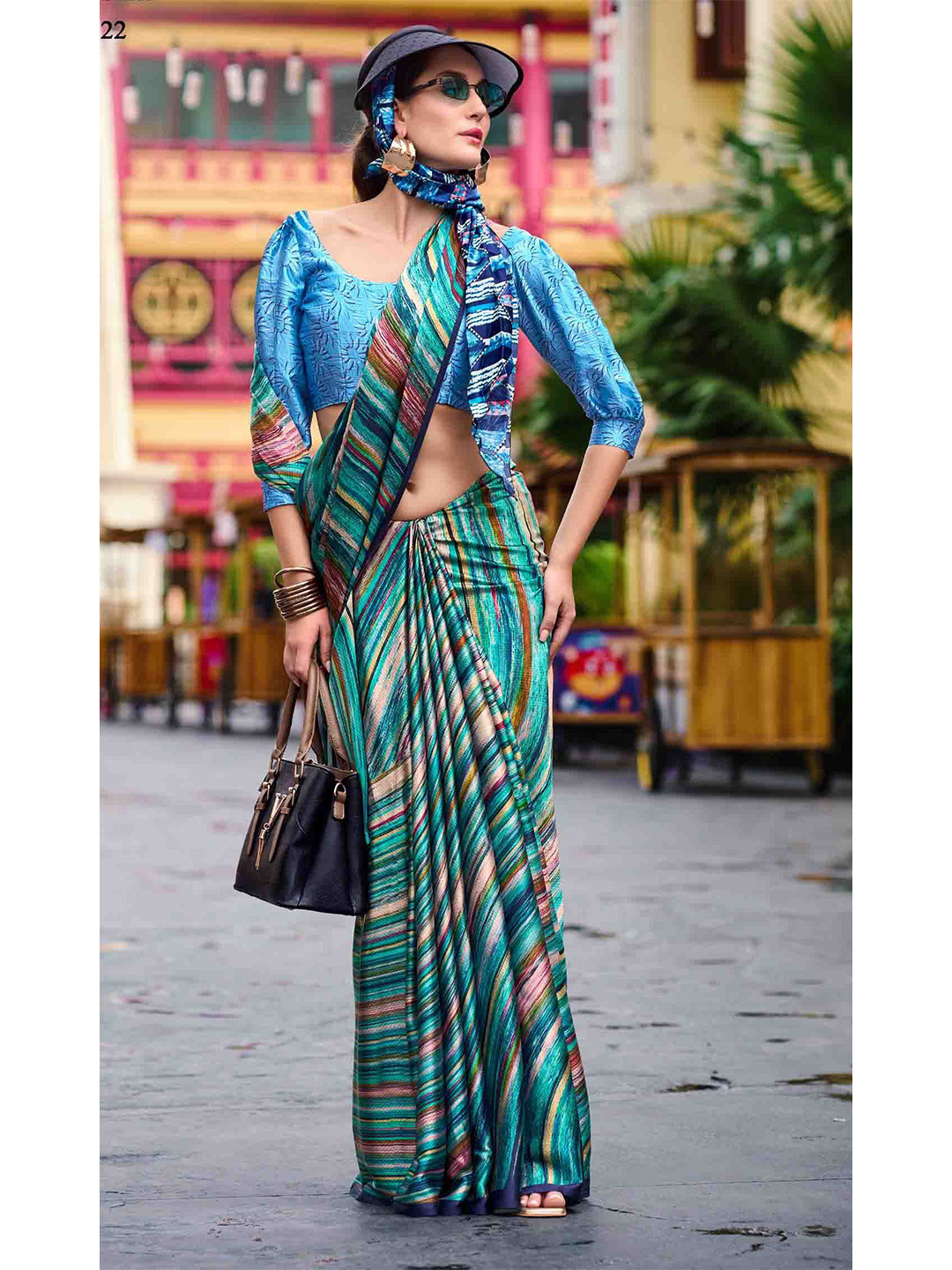 Mitera Striped Satin Saree With Unstitched Blouse Piece
