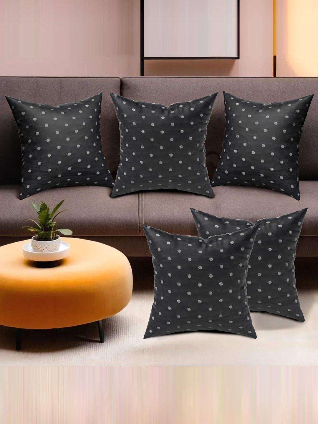 Myntra Elegant Homes Polka Dots Satin Washable 5 Pcs Embellished Cushion Covers -16x16In