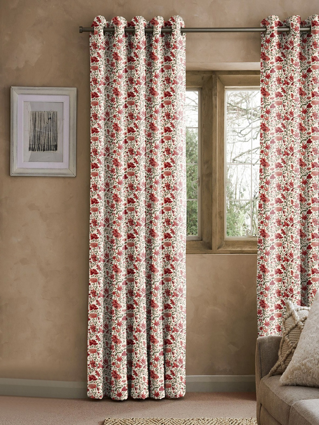 CASABLEU Fuchsia 2 Pieces Floral Printed Long Door Curtain