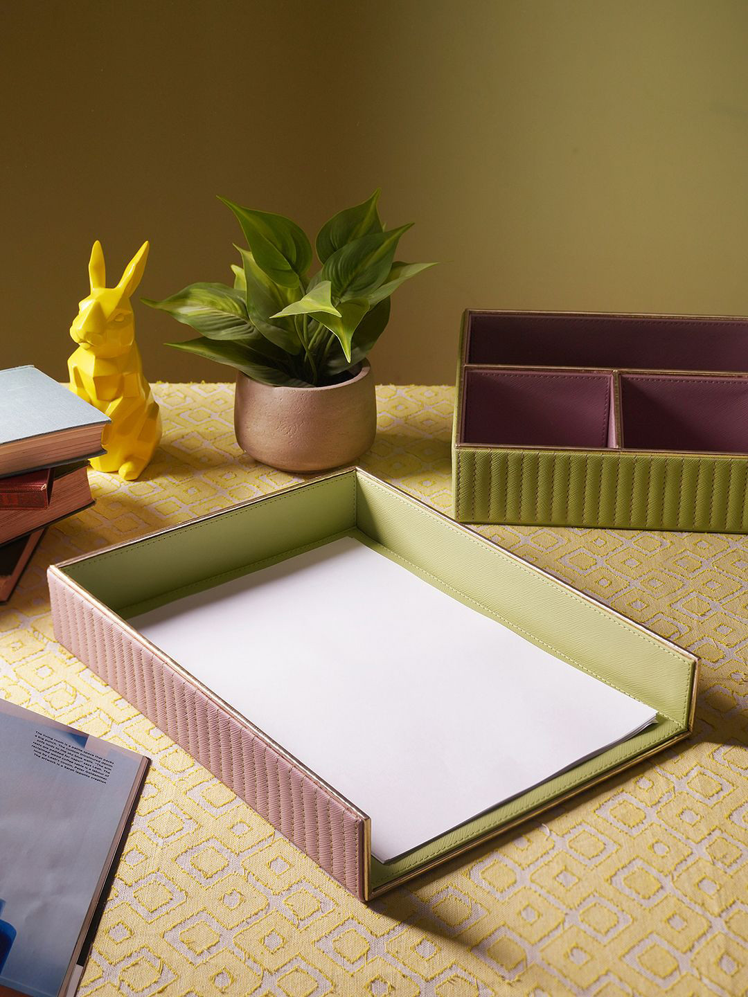 Pure Home and Living Purple & Green Stitched Faux Leather Paper Tray