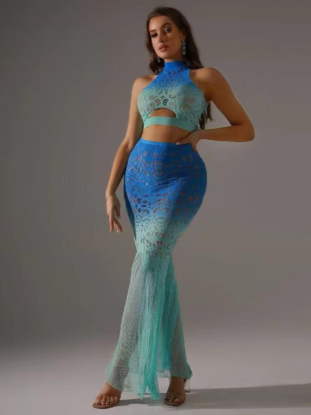 CareDone Women Self Design Round Neck Crop Top & Skirt Baby Dolls