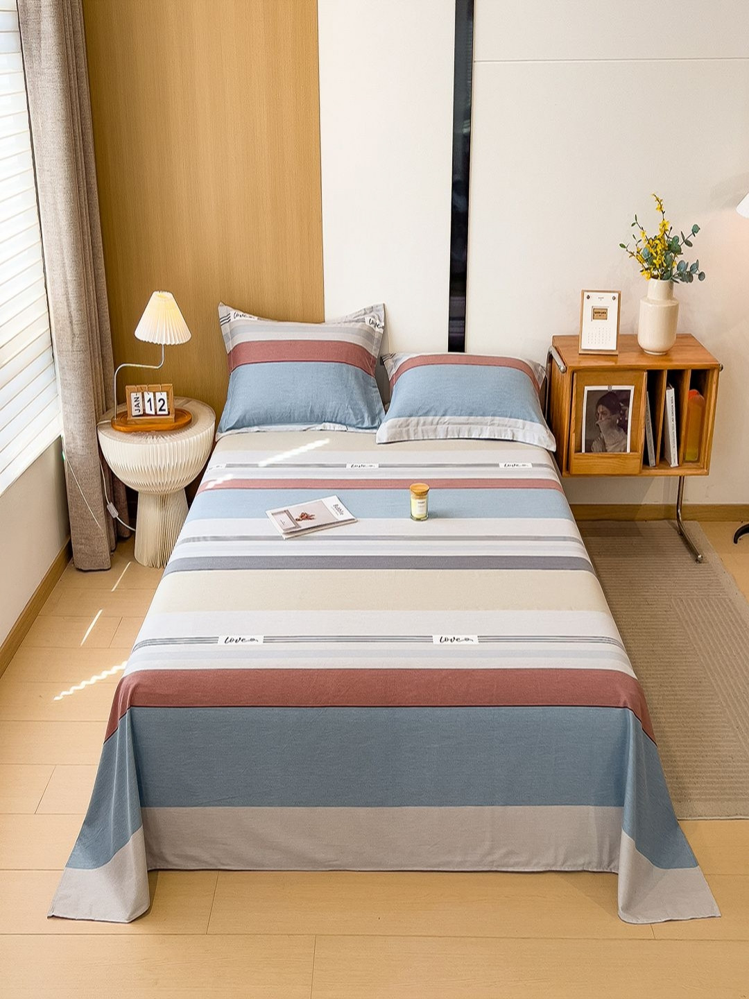 JC HOME Blue & Maroon Striped 140 TC Super King Bedsheet Set 1.83 m x 1.98 m