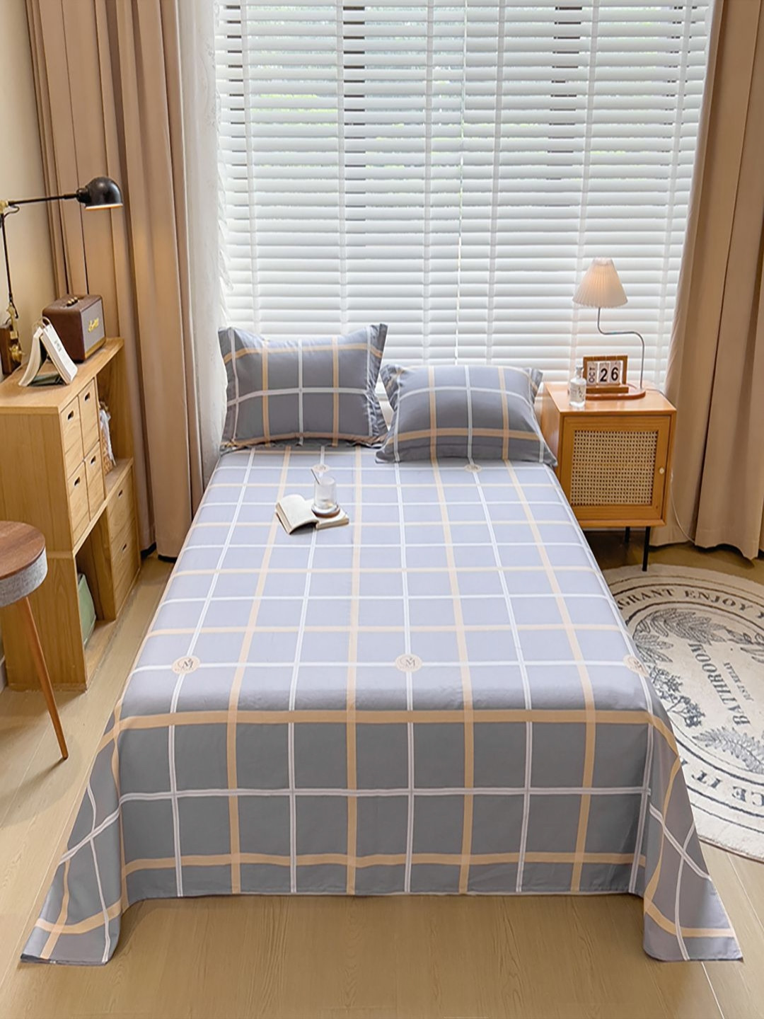 JC HOME Paradiso Grey Checked Pure Cotton 220 TC Single Fine Bedsheet with a Pillow Cover-63 x 91 inches