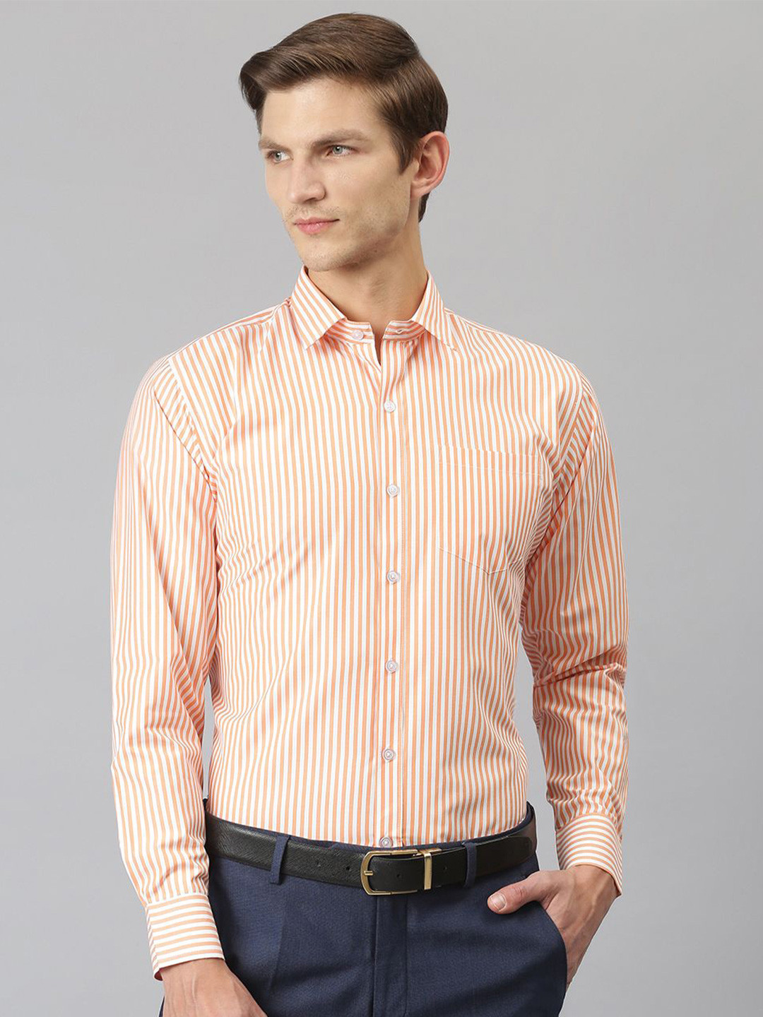 ACCOX Men Comfort Regular Fit Spread Collar Vertical Striped Cotton Formal Shirt