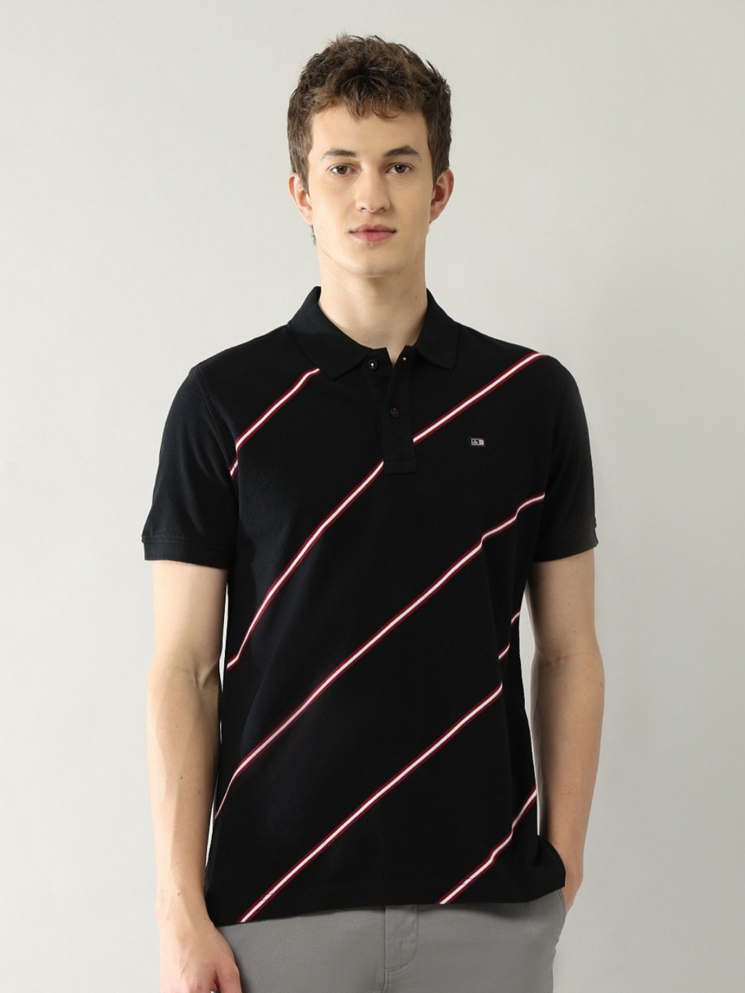 Arrow Sport Men Diagonal Striped Polo Collar Pure Cotton Casual T-shirt