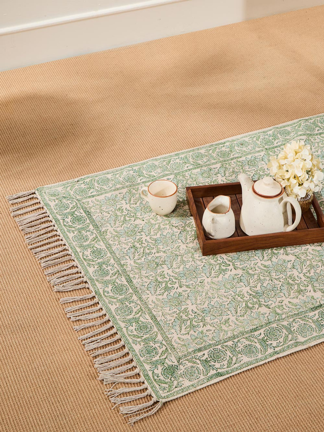 Fabindia Beige & Green Printed Rectangular Medium Dhurrie