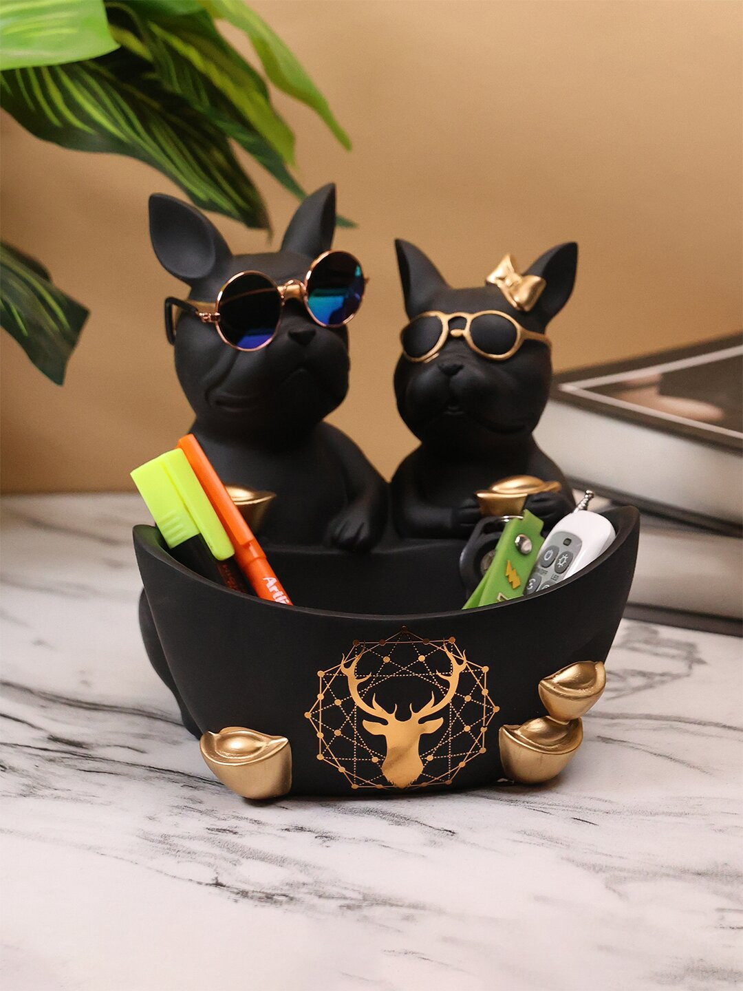 SMOKEY COCKTAIL Duo Dog Black Polyresin Matte Living Room Medium Showpiece -