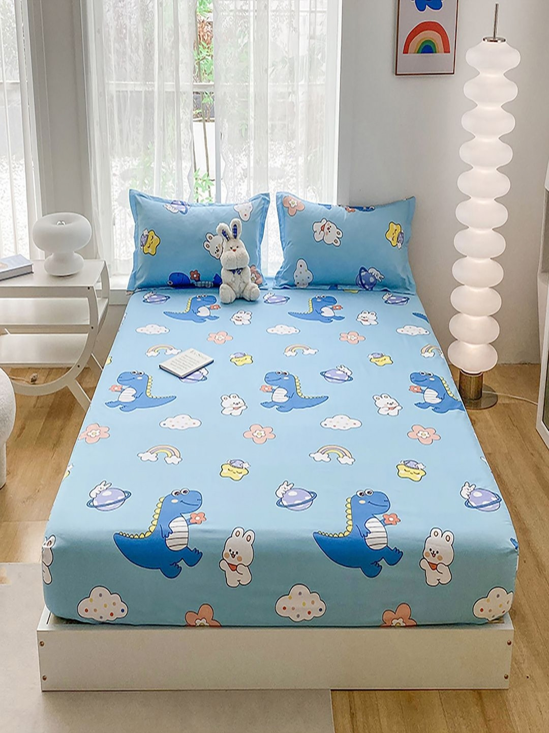 JC HOME Blue Graphic Polycotton 140 TC Fitted Single Bedsheet with a Pillow Cover-245 x 230 cm