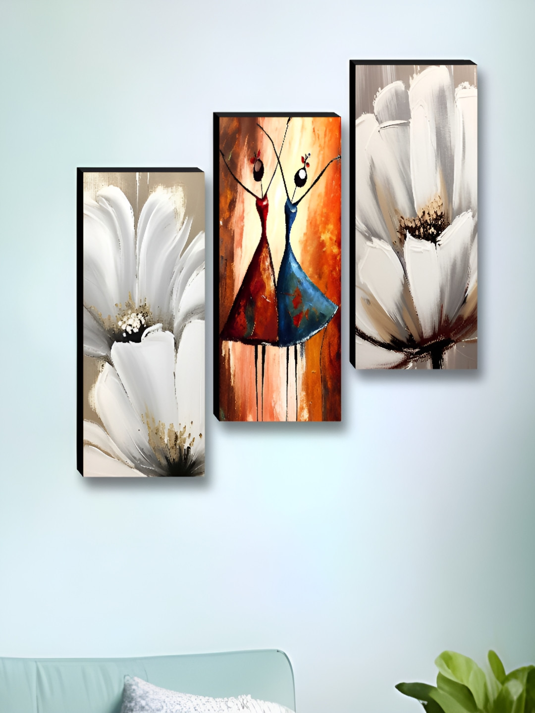 Myntra Elegant Homes White & Orange 3 Pieces Girls & Flowers Printed Wooden Wall Paintings