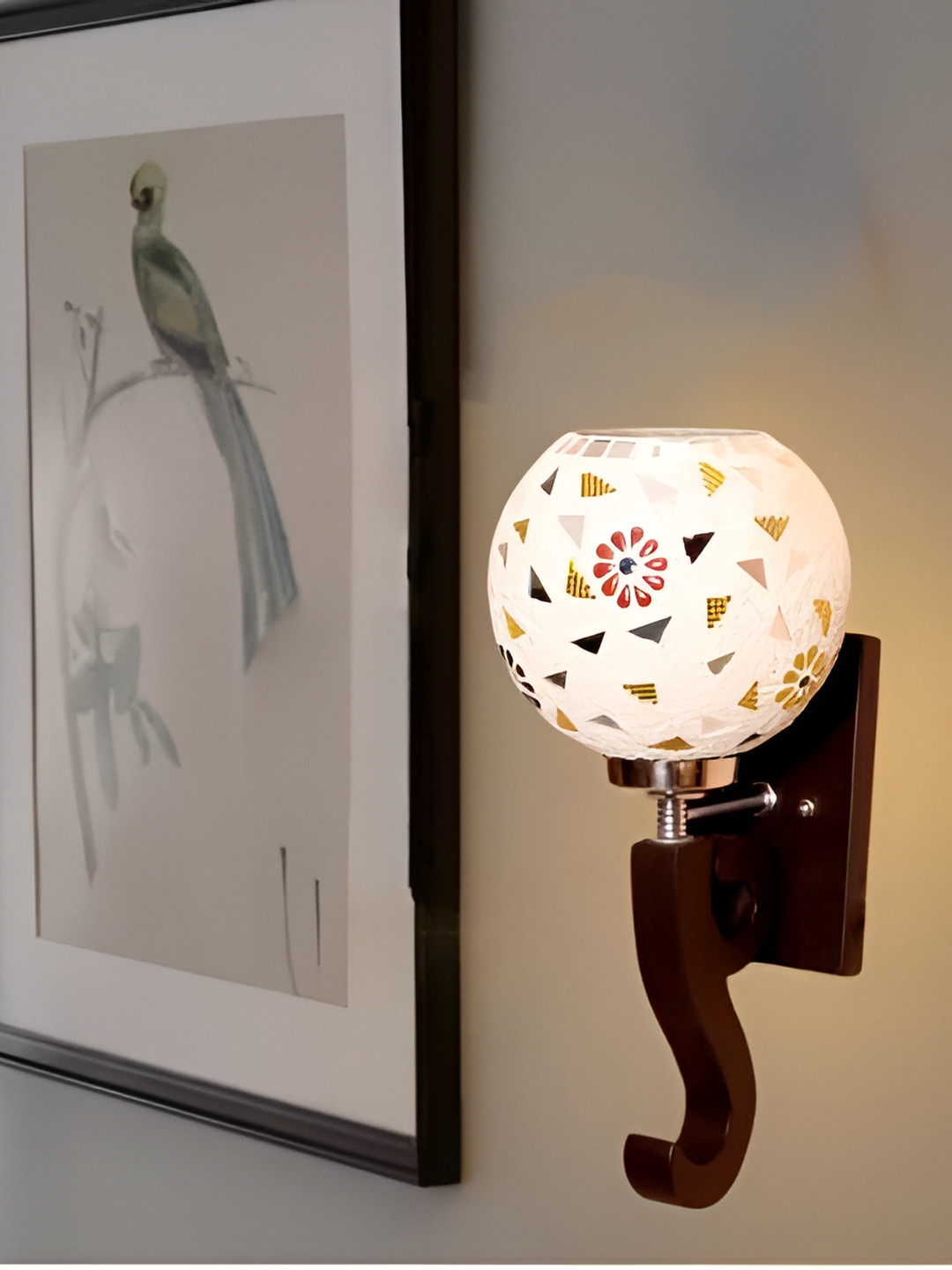 KINIS Brown & White Floral Textured Semi-Sphere Shaped Wooden Wall Lamp
