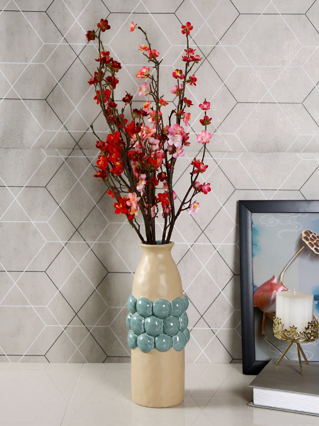 TAYHAA Beige & Teal Blue Textured Ceramic Flower Vase