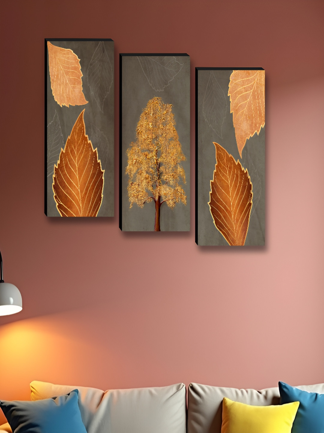 Myntra Elegant Homes Grey & Orange 3 Pieces Tree & Leaf Floral & Botanical Wooden Wall Art