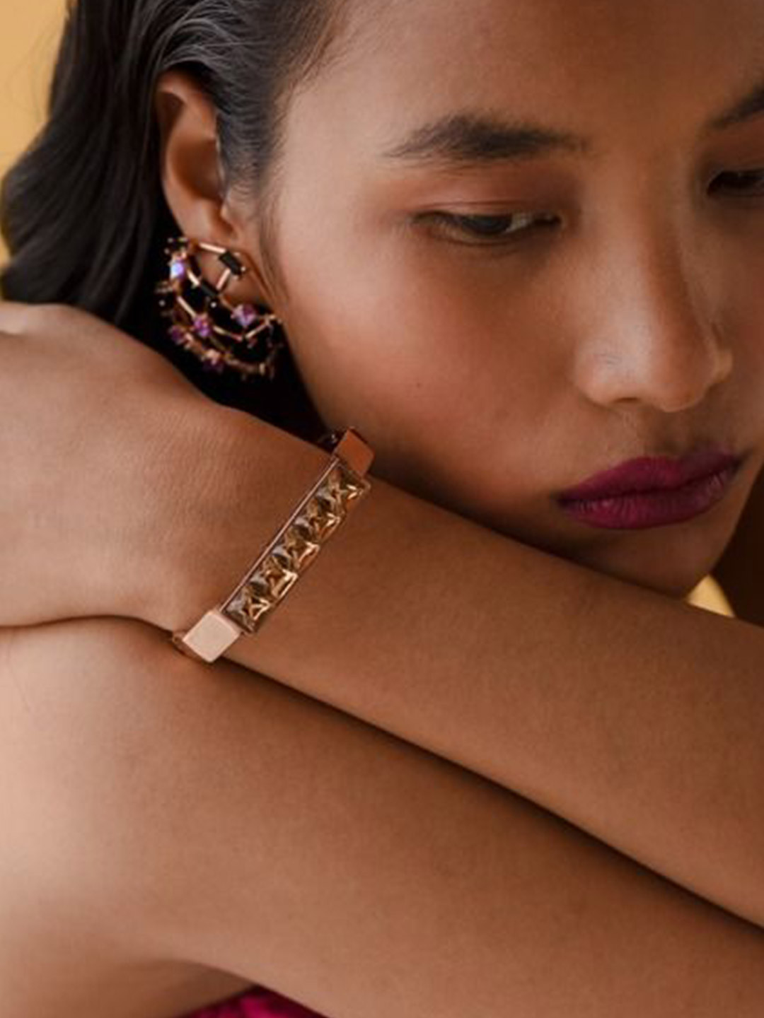 ESME Rose Gold-Plated Artificial Stones Studded Cuff Bracelet