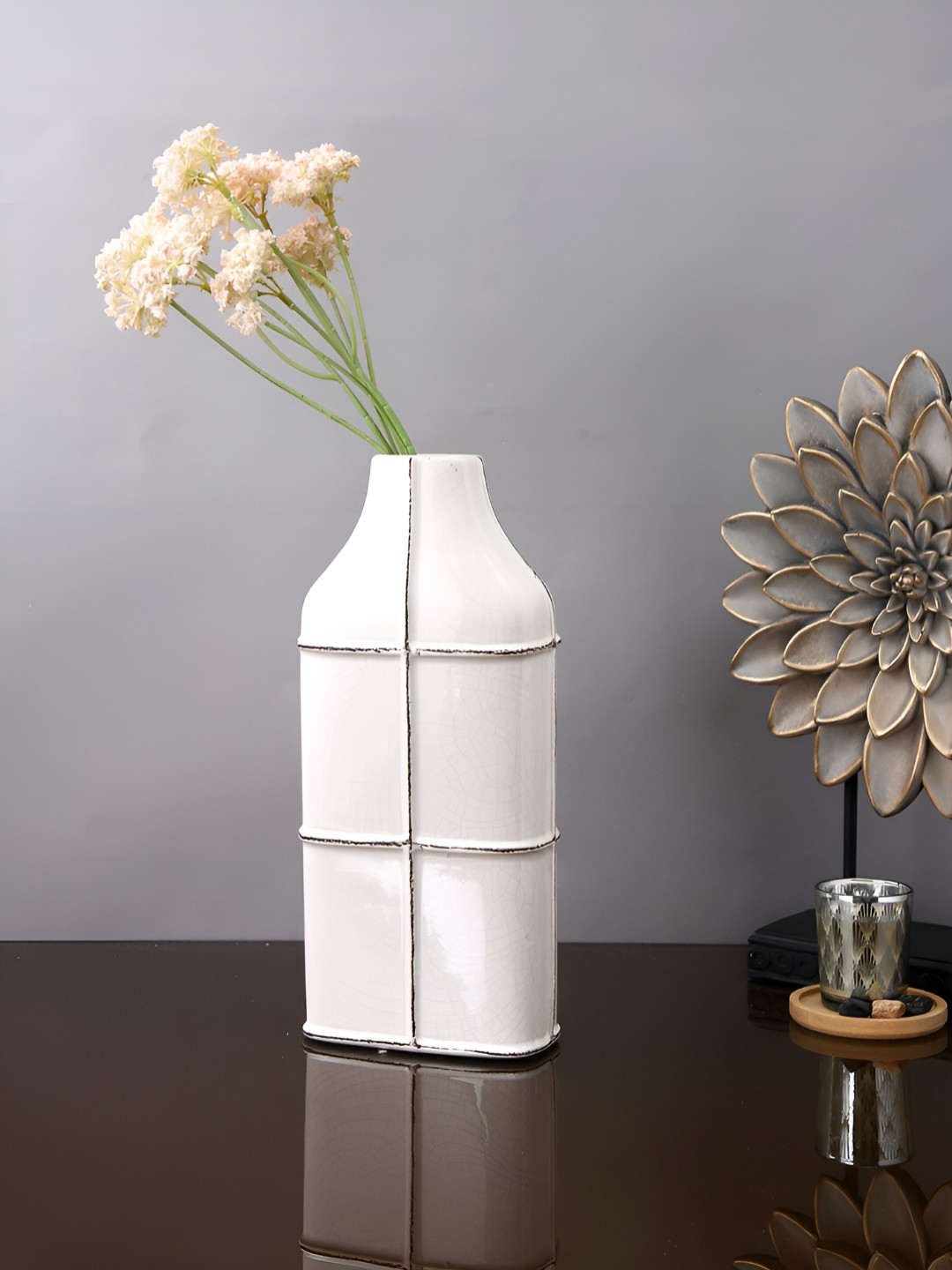 TAYHAA White Textured Ceramic Sculpted Grid Flower Vase