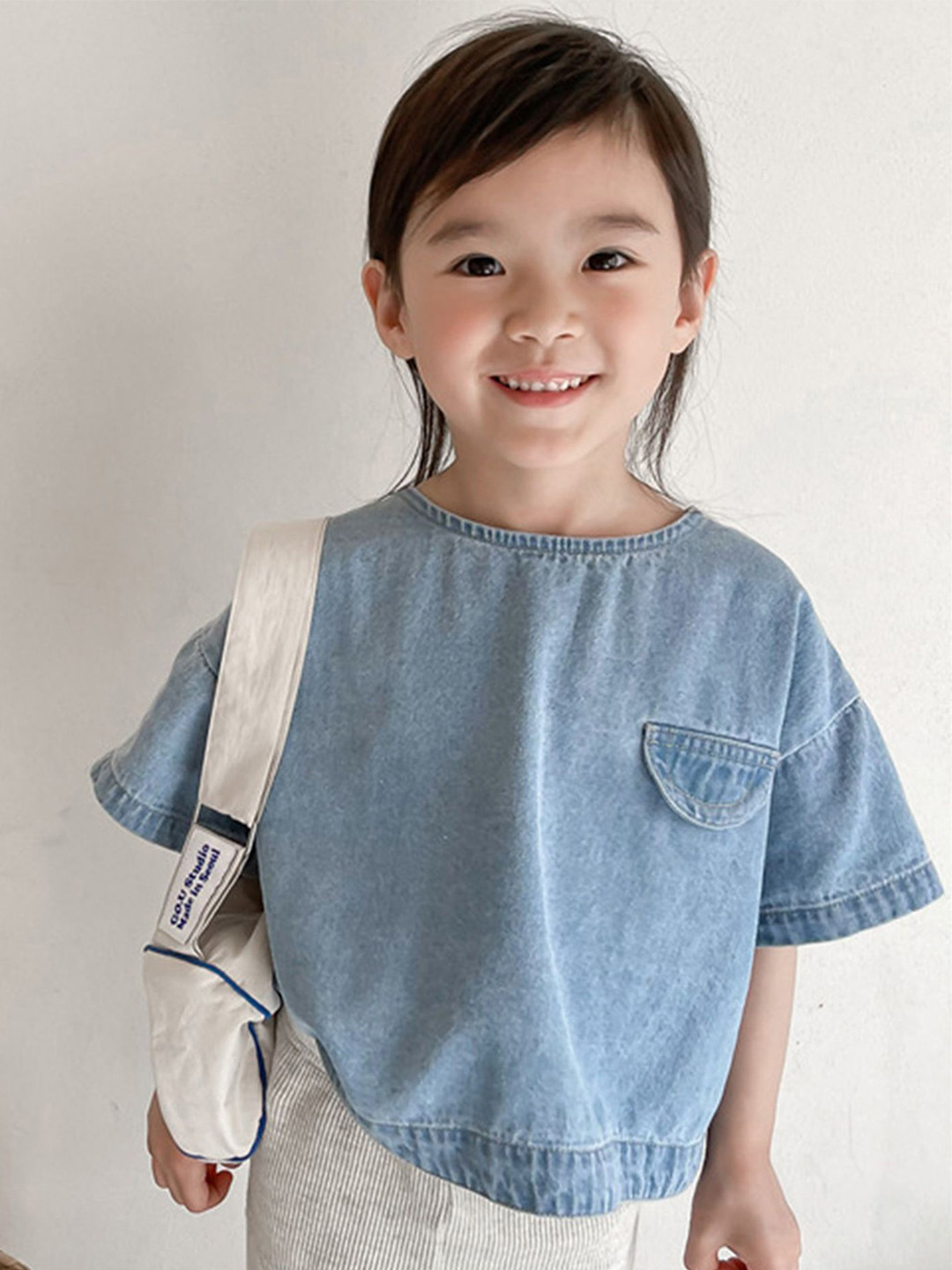 LULU & SKY Girls Blue Flap Detail Round Neck Denim Top