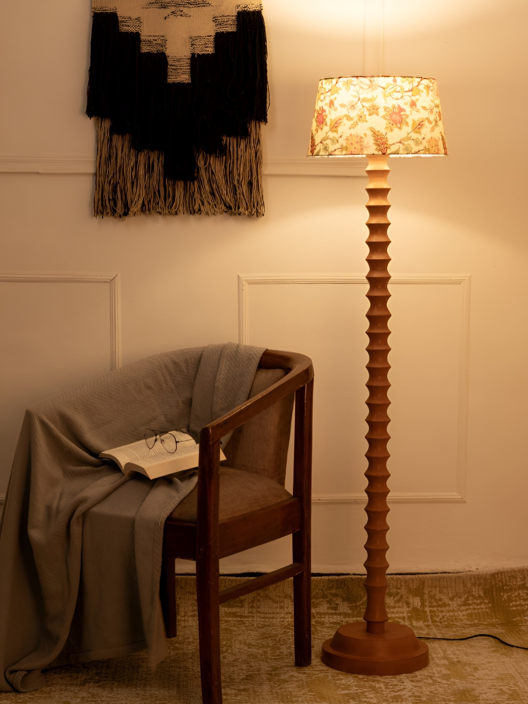 green girgit White & Brown Floral Printed Frustum Shaped Wooden Taper Floor Lamp