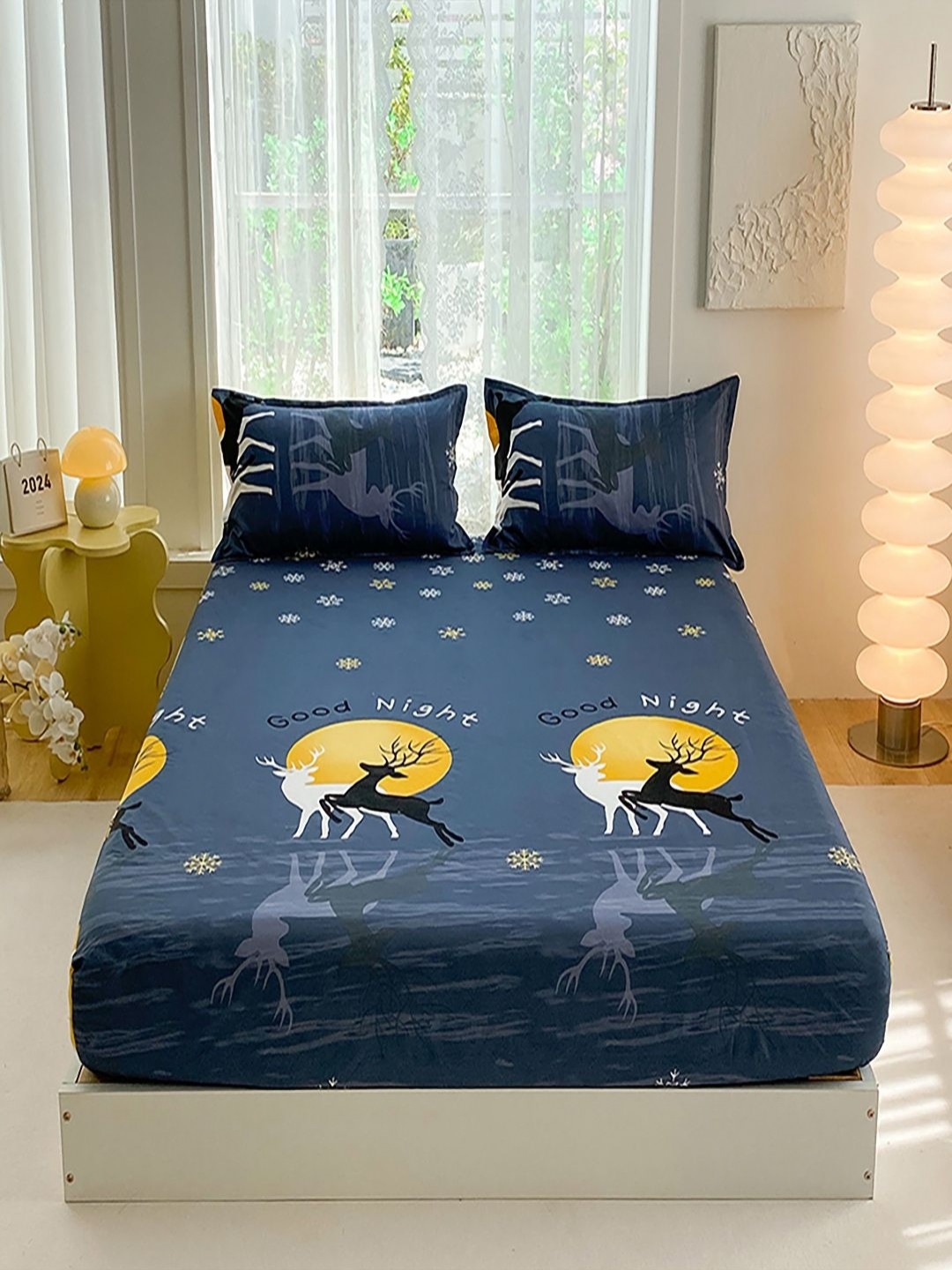 JC HOME Royal Passion Navy Blue Conversational Polycotton 140 TC Fitted Queen Bedsheet with 2 Pillow Covers-200 x 150 cm