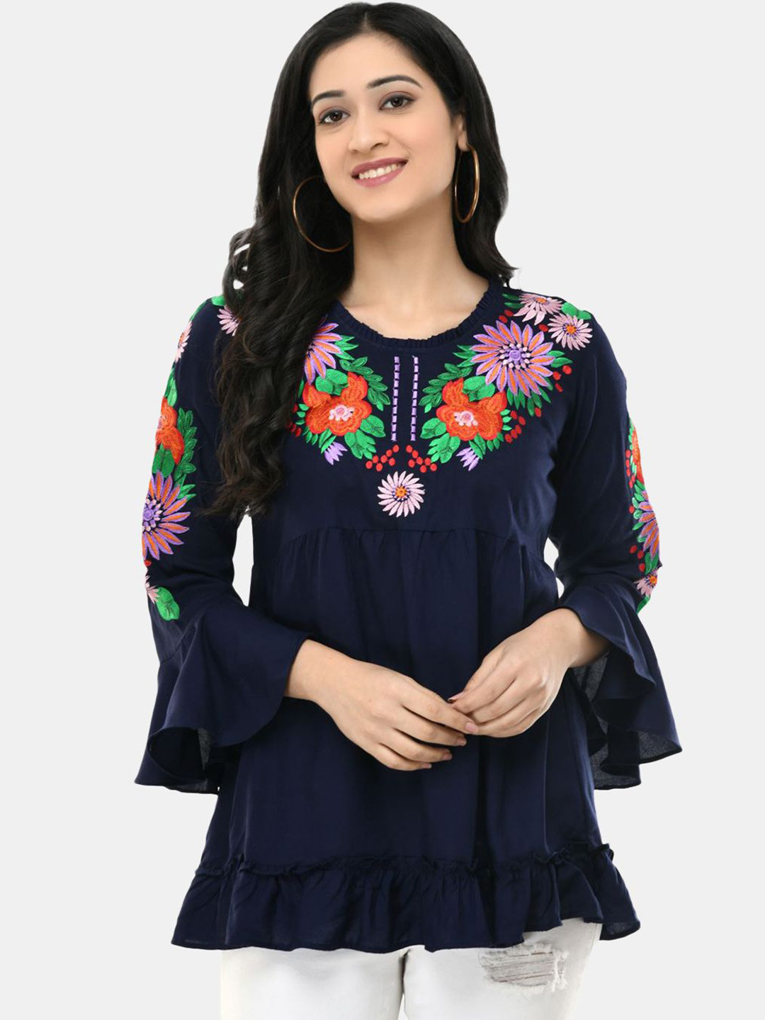 VAAMII Women Floral Embroidered Ruffles Bell Sleeve Top