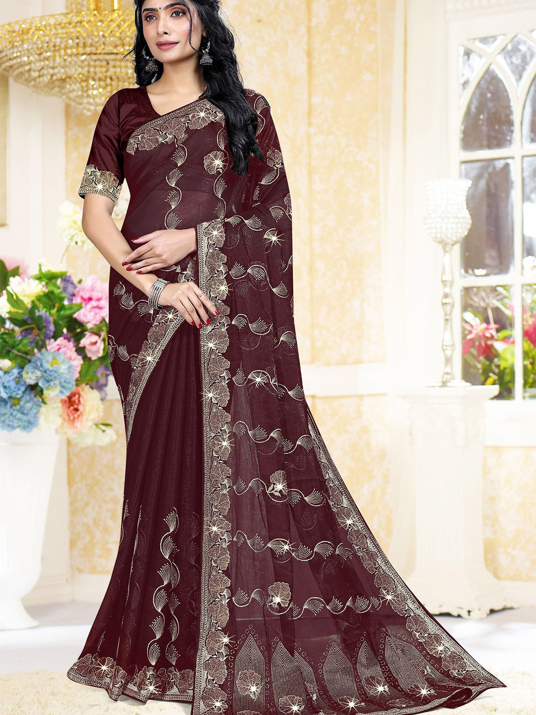 ANJANI TEXTILE Floral Beads and Stones Embellished Tissue Heavy Work Saree