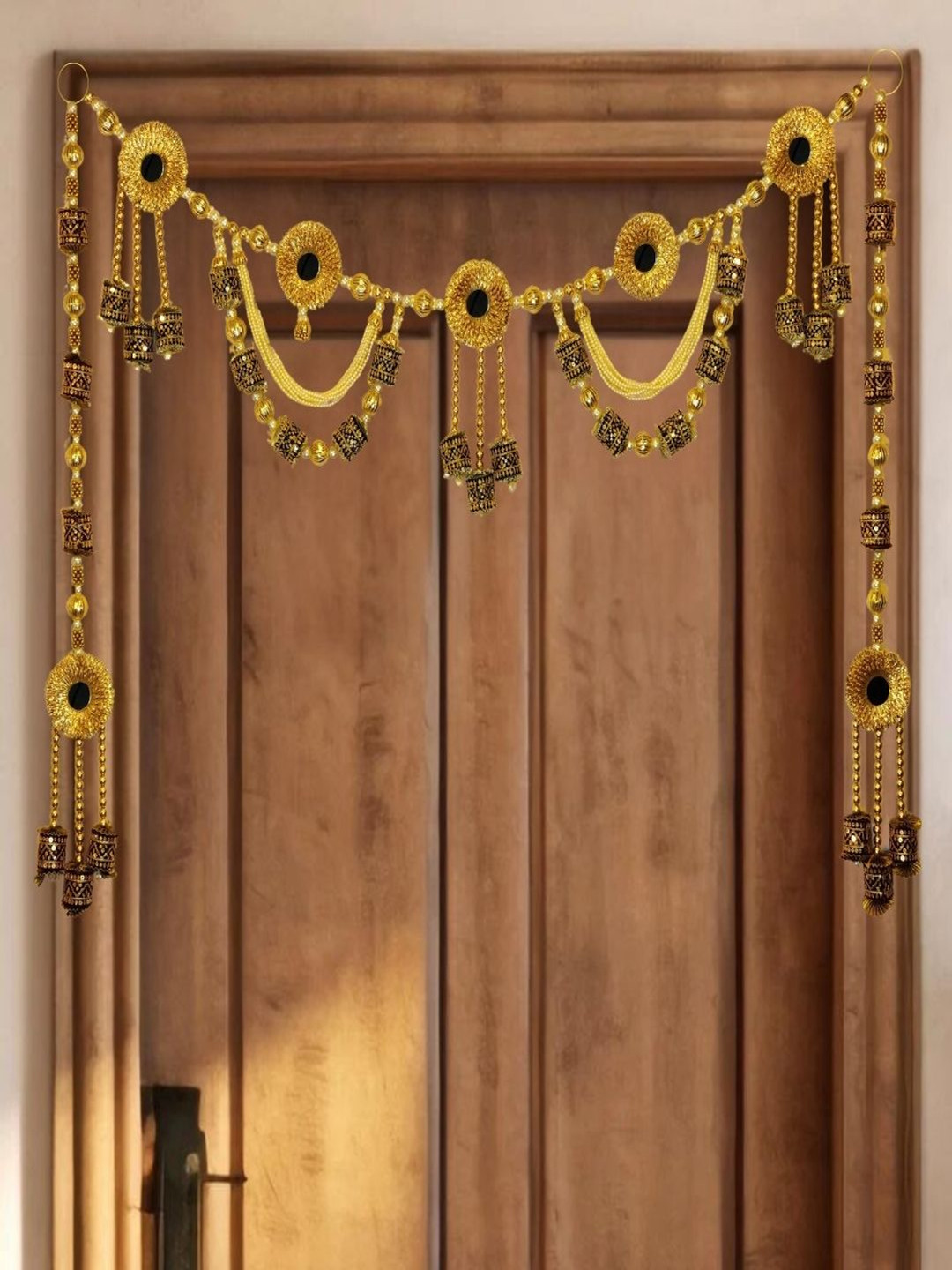 THE HOME CO. 3-Pcs Gold Hanging Pearl Toran With Gota Mirror And Side Hanging