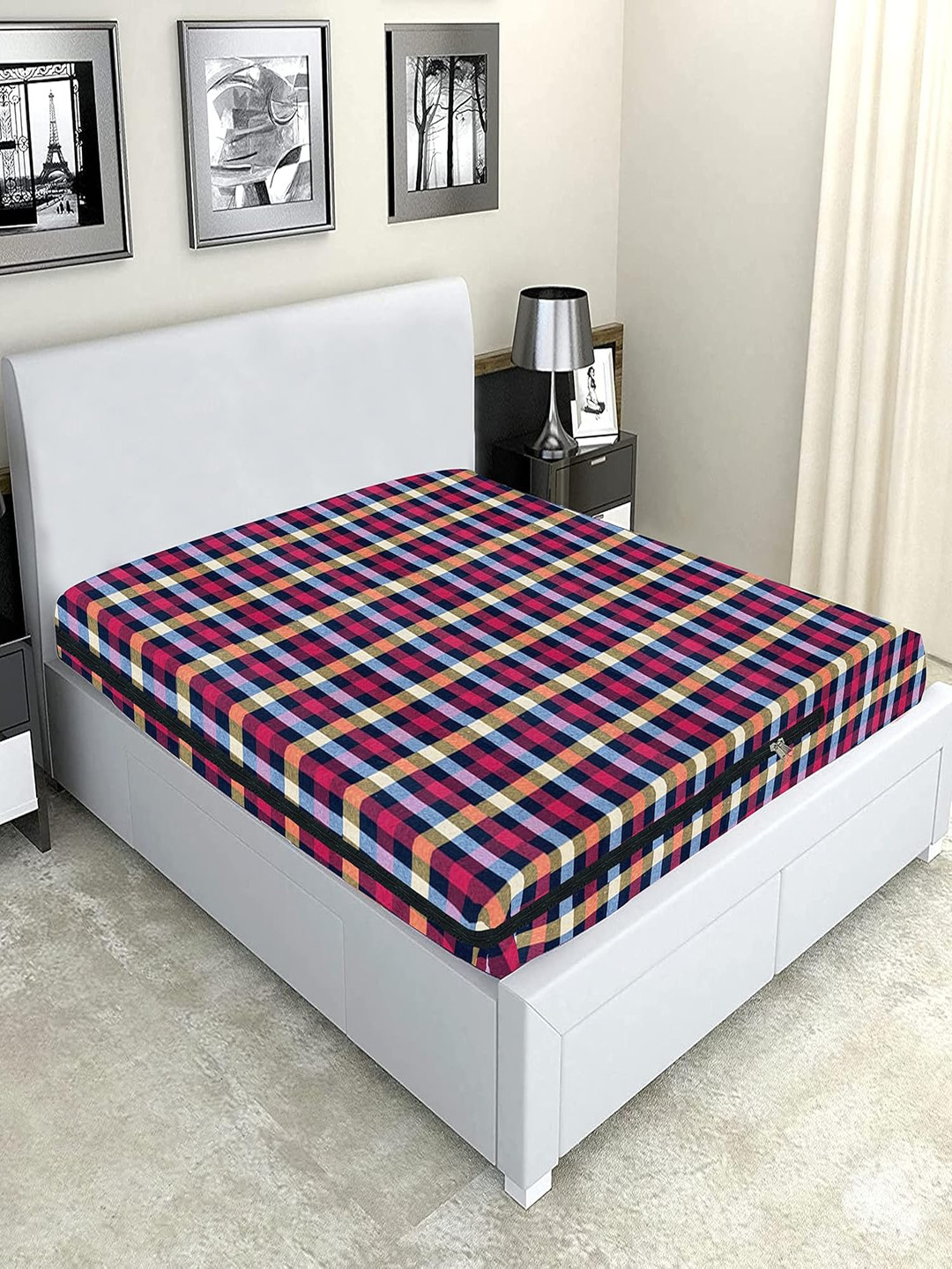 Star Weaves Maroon Checked Cotton 250 TC King Superfine Bedsheet -198 x 182 x 15 cm