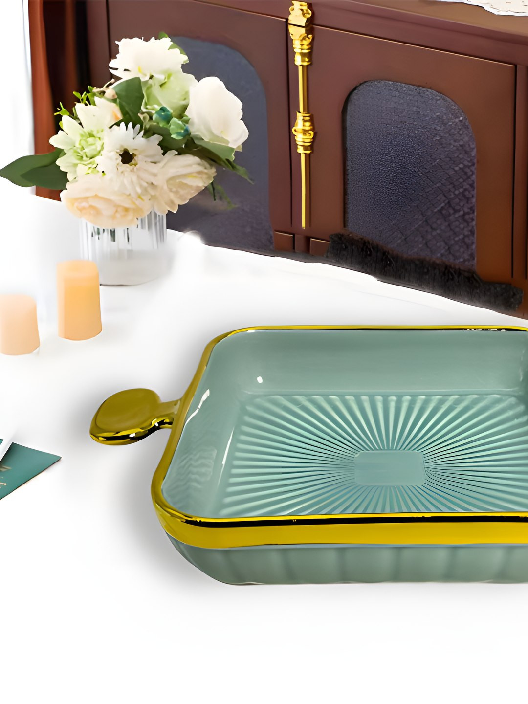LEMONTREE Blue & Gold-Toned Ceramic Glossy Easy to Clean Food Platter