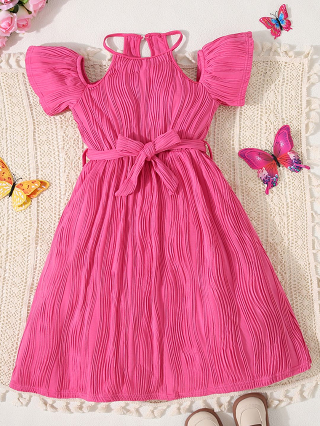 INCLUD Girls Wave Textured Cold-Shoulder Fit & Flare Midi Dress