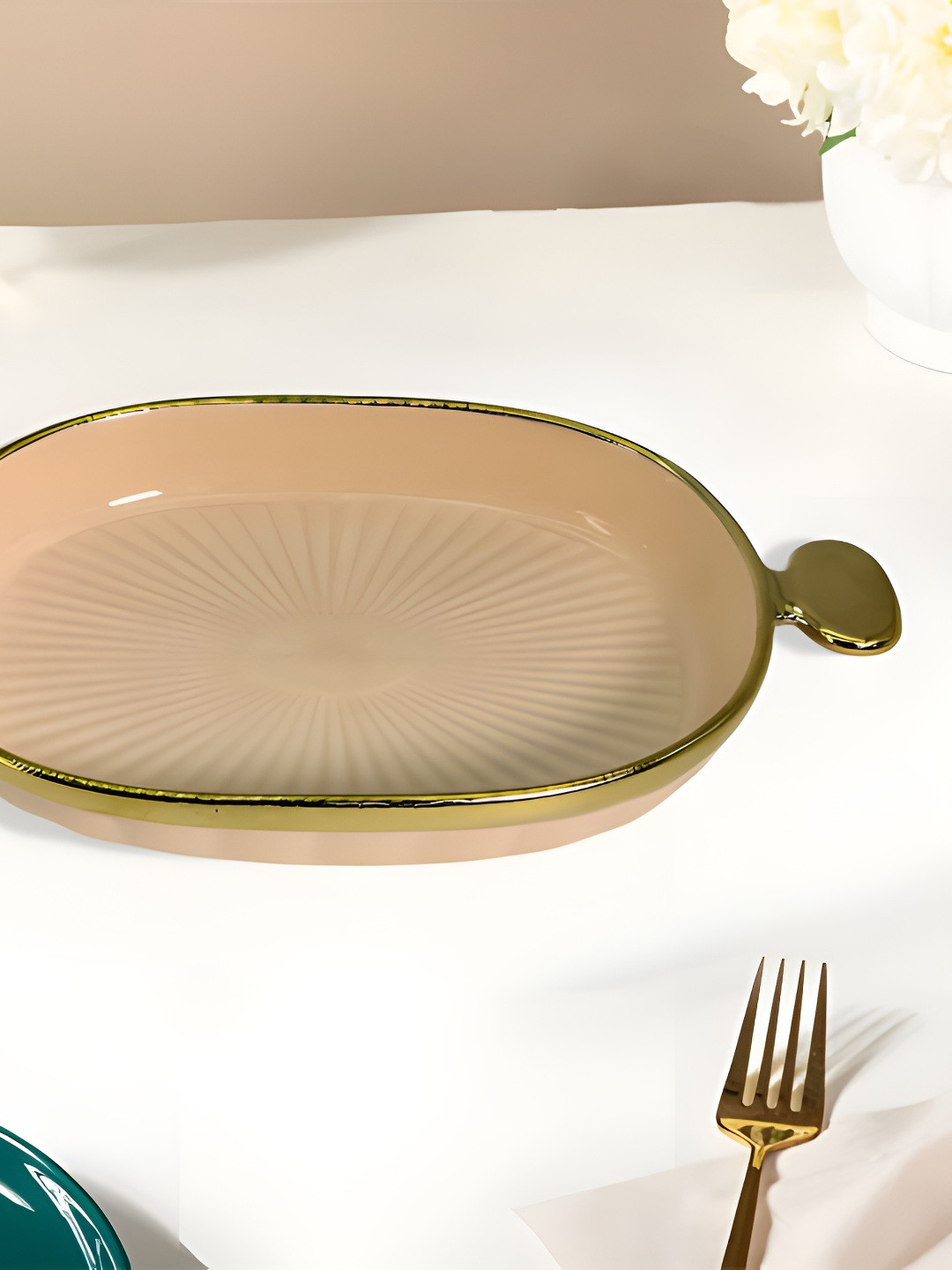 LEMONTREE Peach-Coloured & Gold Toned Ceramic Easy to Clean Food Platter