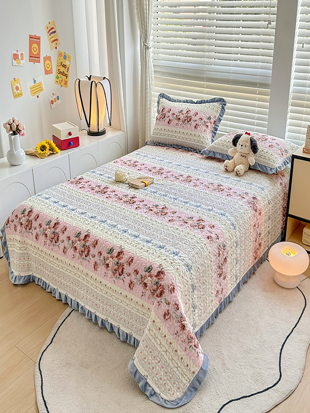 JC HOME Pink & White Printed Cotton Double Queen Bed & Pillow Cover