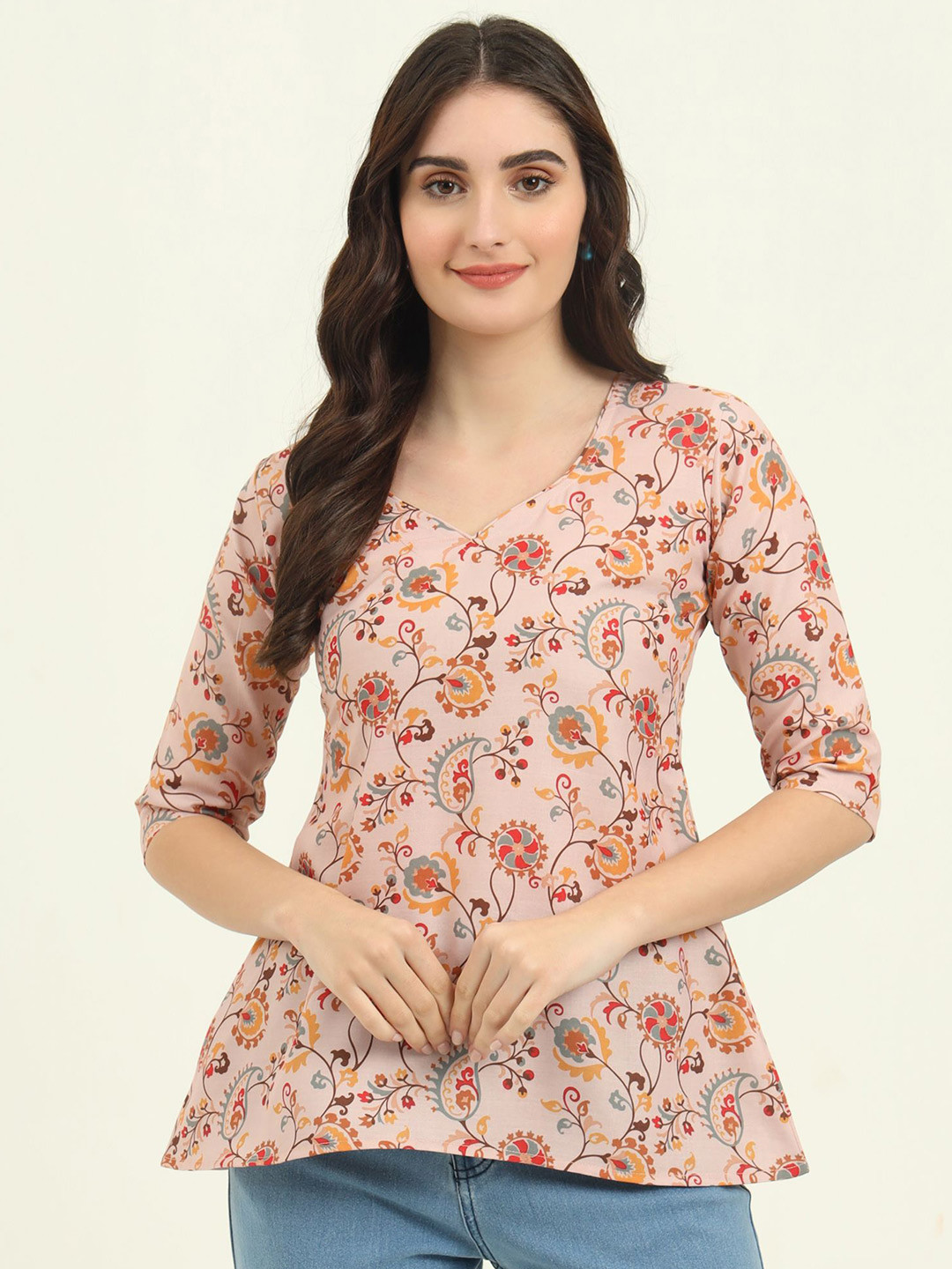 REVOSAA Floral Printed V-Neck Kurti
