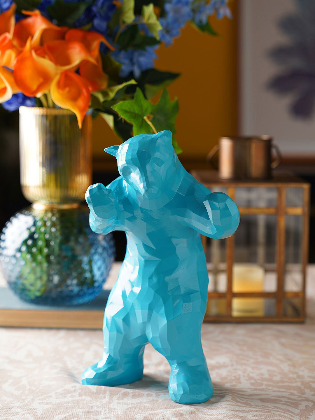 Pure Home and Living Bear Blue Polyresin Glossy Living Room Large Showpiece - 10.6 Inches