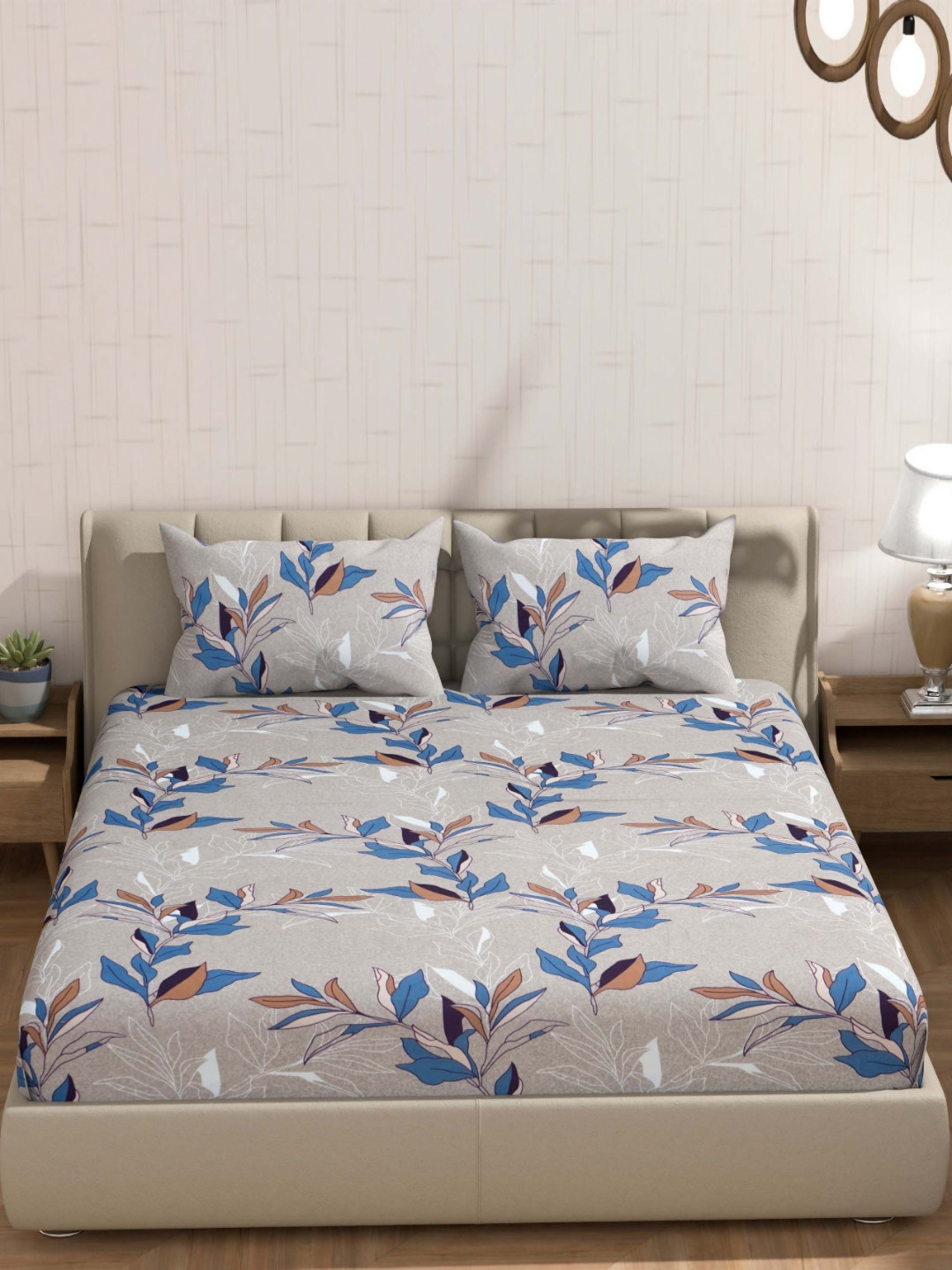 BLUEDOT Panash Grey Floral Cotton 210 TC Fitted King Fine Bedsheet with 2 Pillow Covers-31 x 28 inches