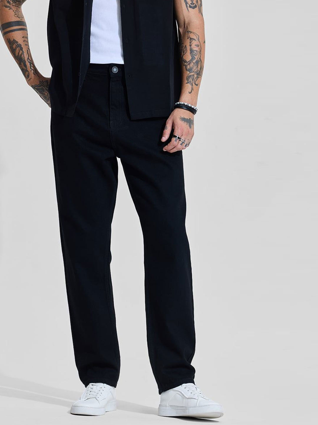 Snitch Men Black Baggy Fit Mid-Rise Dark Shade Jeans