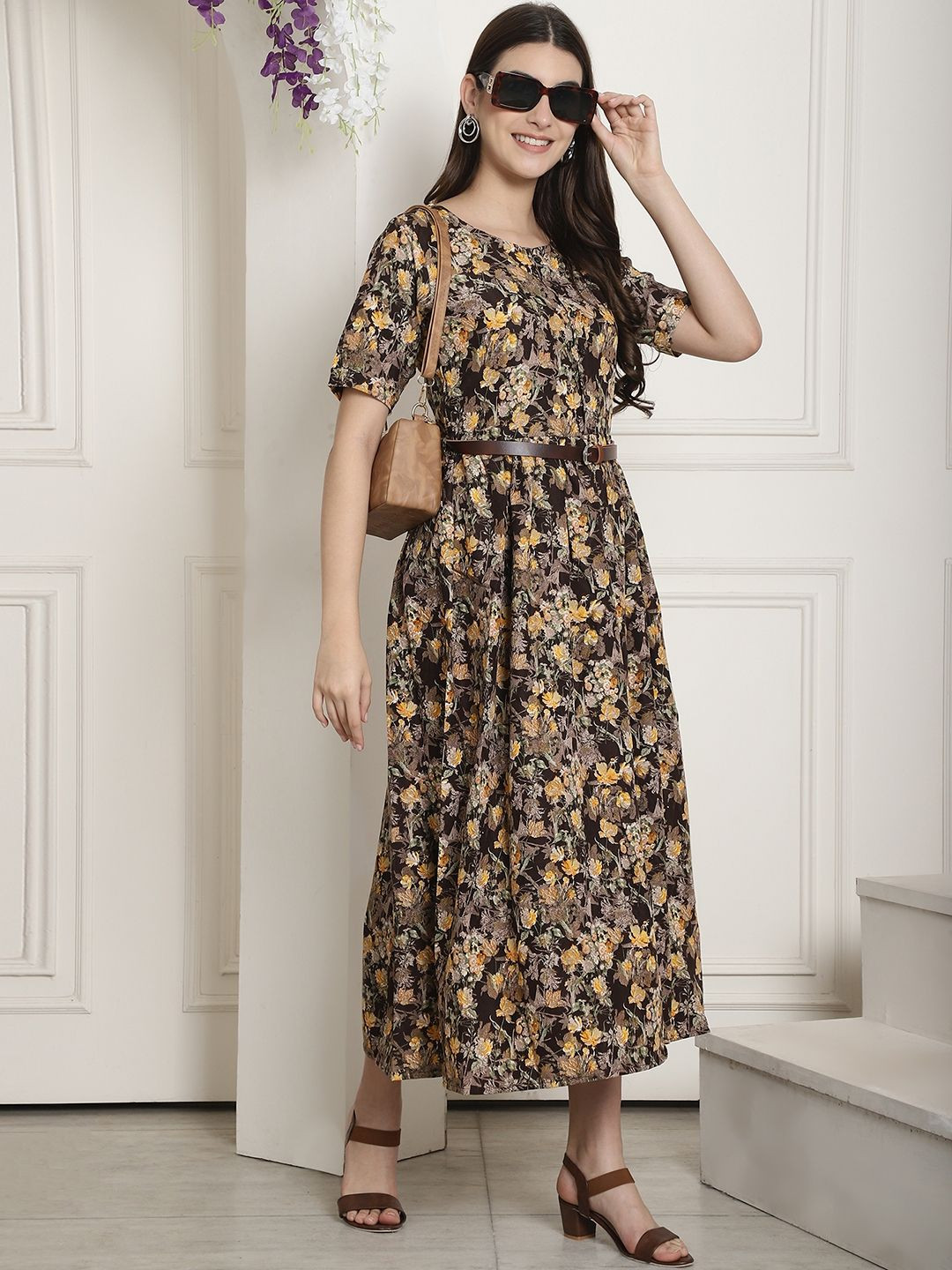 Metronaut Floral Printed Fit & Flare Maxi Dress Comes with a belt