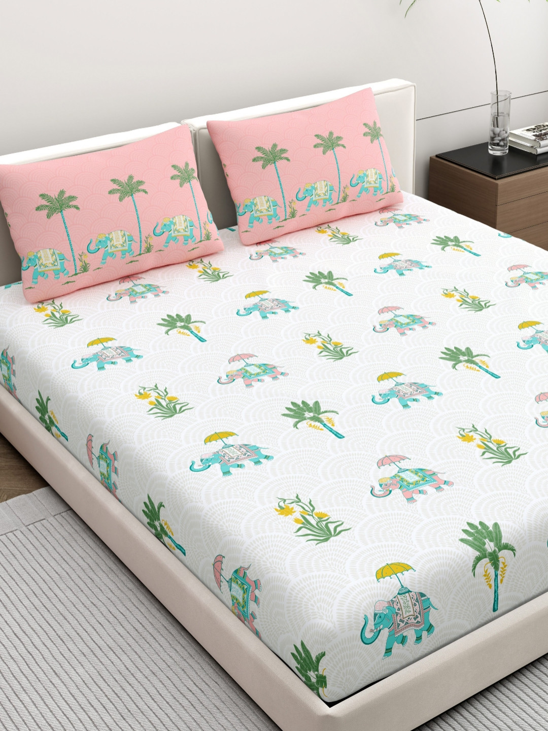 Home Ecstasy Hastkala Pink Ethnic Motifs Pure Cotton Skin-Friendly 140 TC Queen Bedsheet with 2 Pillow Covers-220 x 239 cm
