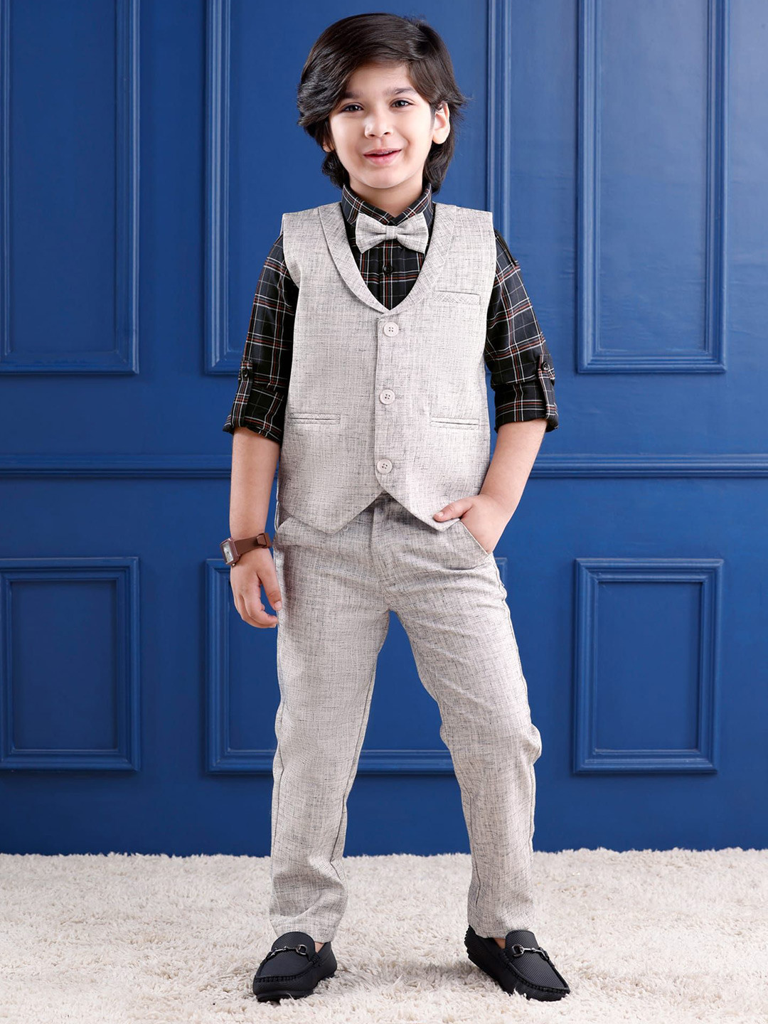 Mark & Mia Boys 3-Pc Checked Cotton Single Breasted Party Suit With Bow