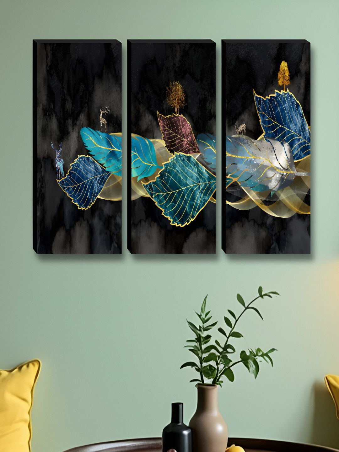 Myntra Elegant Homes Blue & Black 3 Pcs Wooden Leaf Painting Floral & Botanical Wall Art