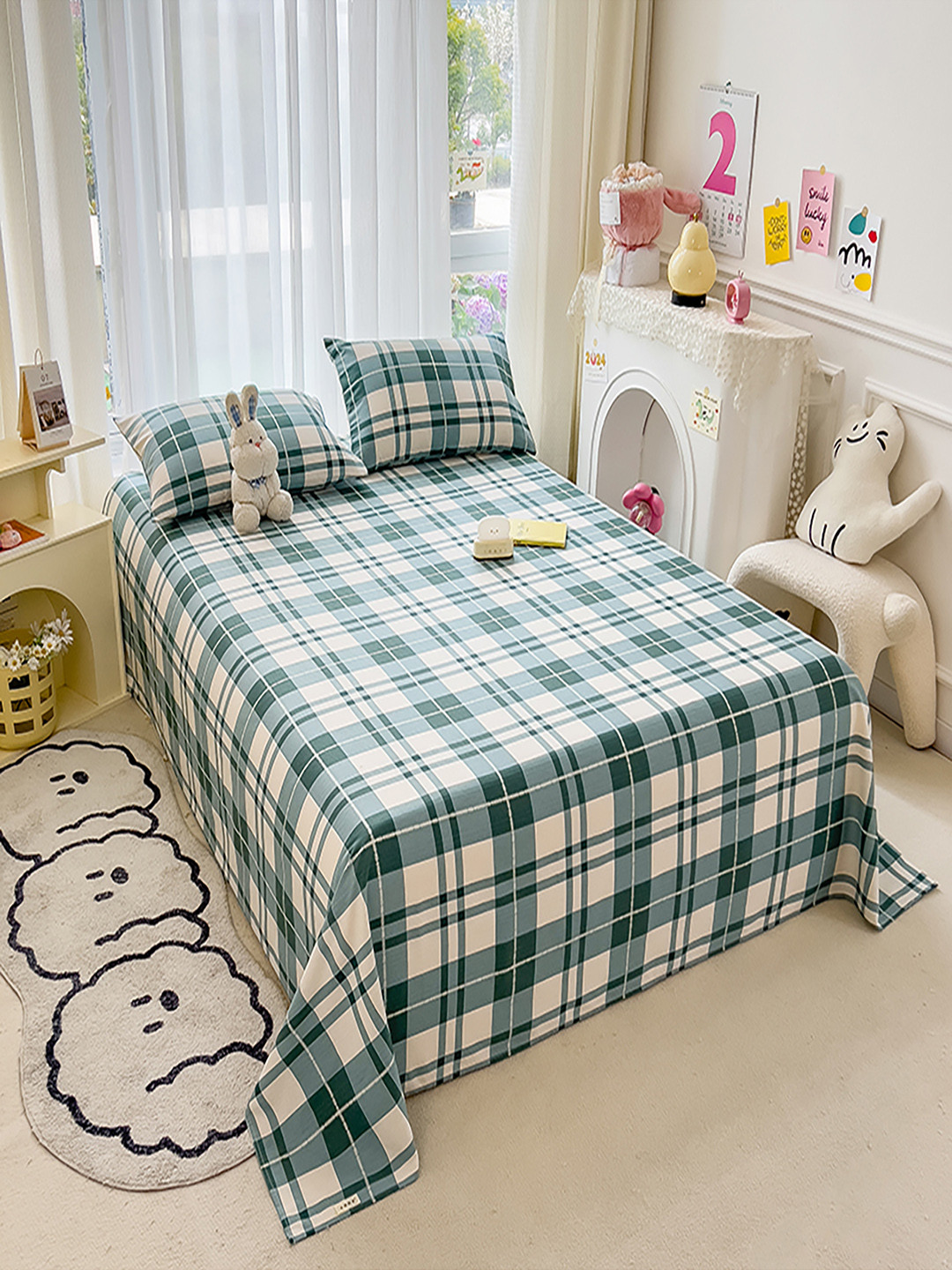 JC HOME Green Checked Polycotton 140 TC Double Bedsheet with a Pillow Cover-79 x 91 inches