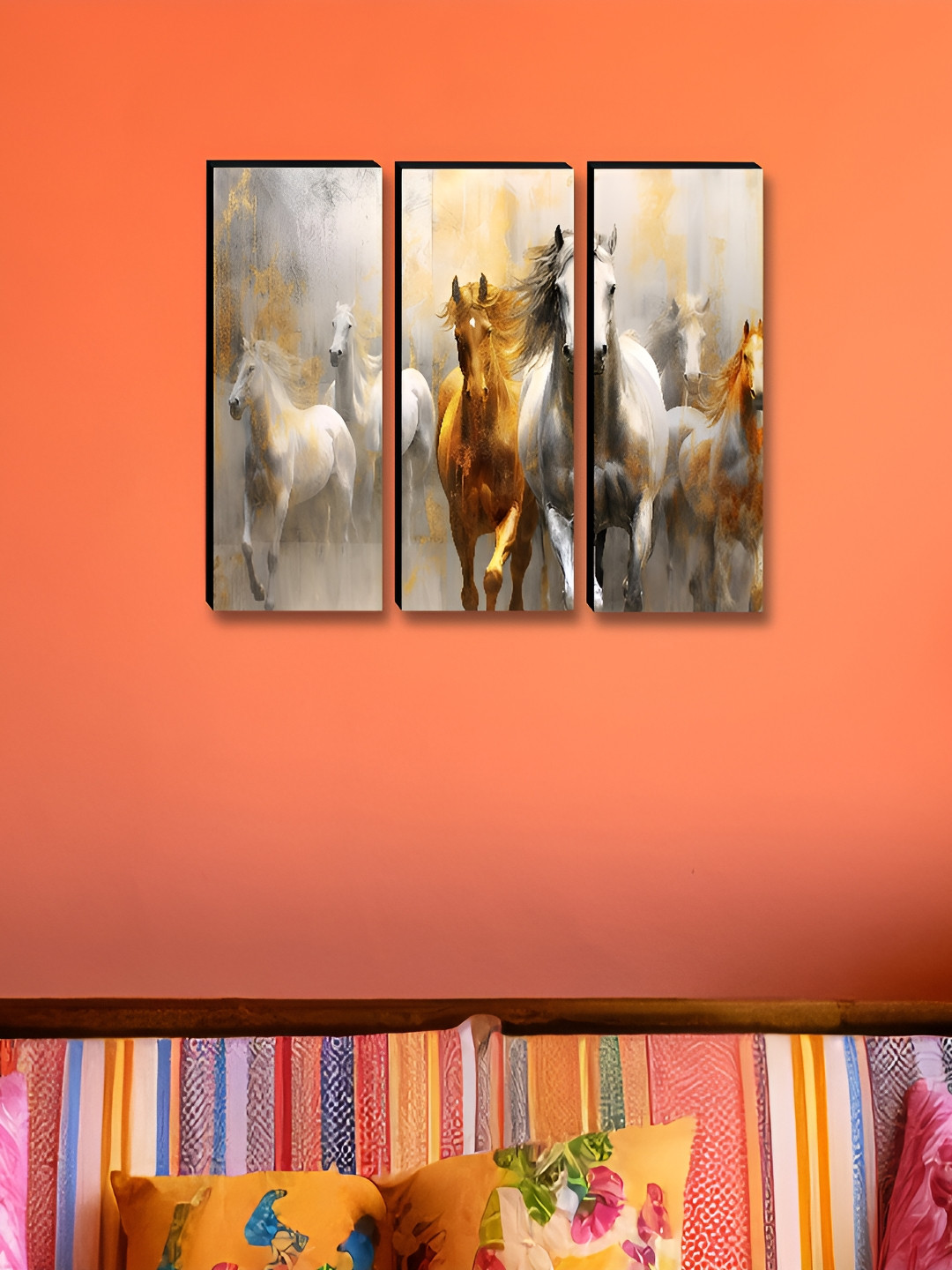 Myntra Elegant Homes Grey & Gold-Toned 3 Pieces Runing Horse Printed Wooden Wall Paintings