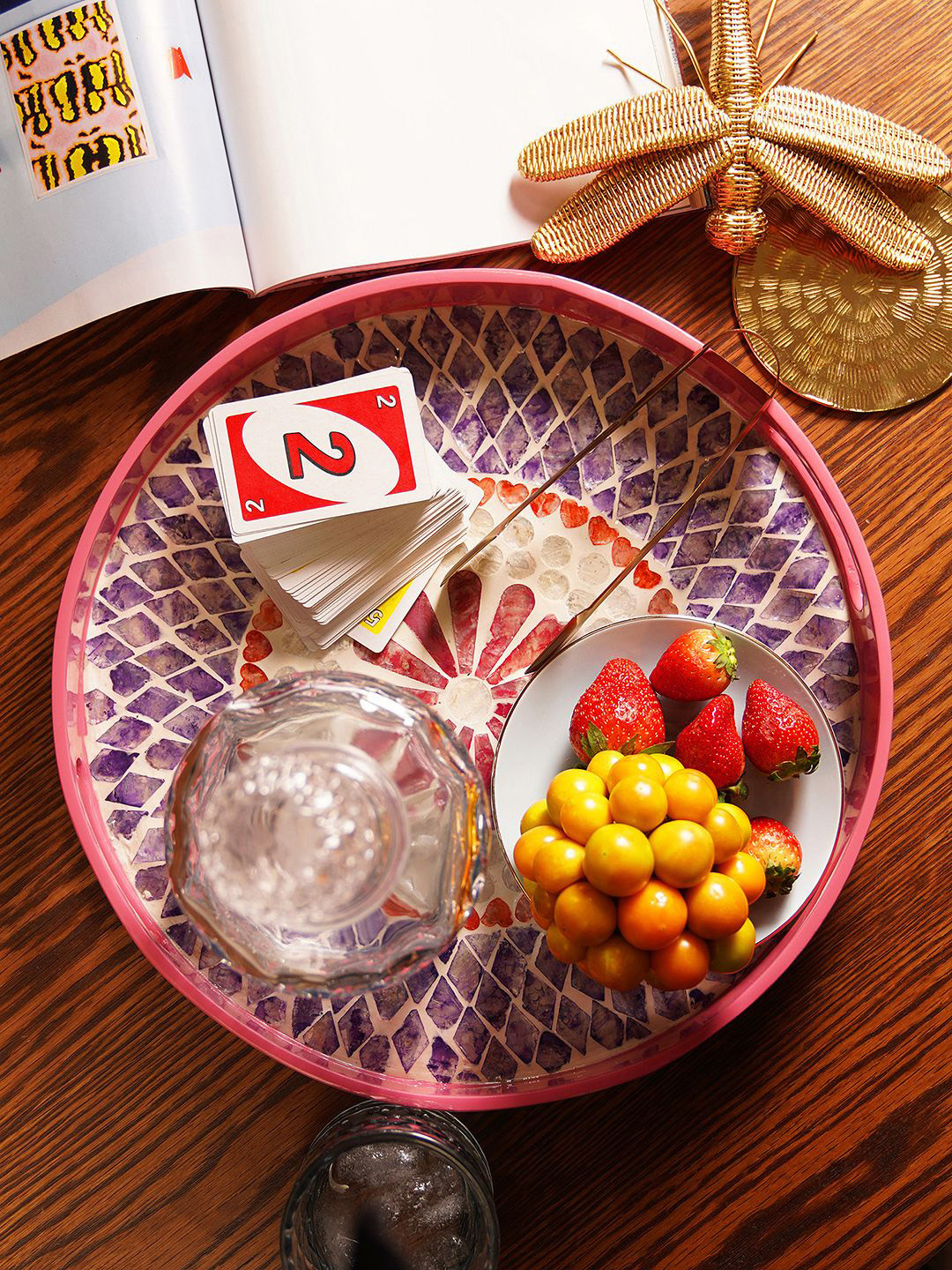 Pure Home and Living Pink Floral Printed Round Capiz Shell Lacquer Bamboo Serving Tray