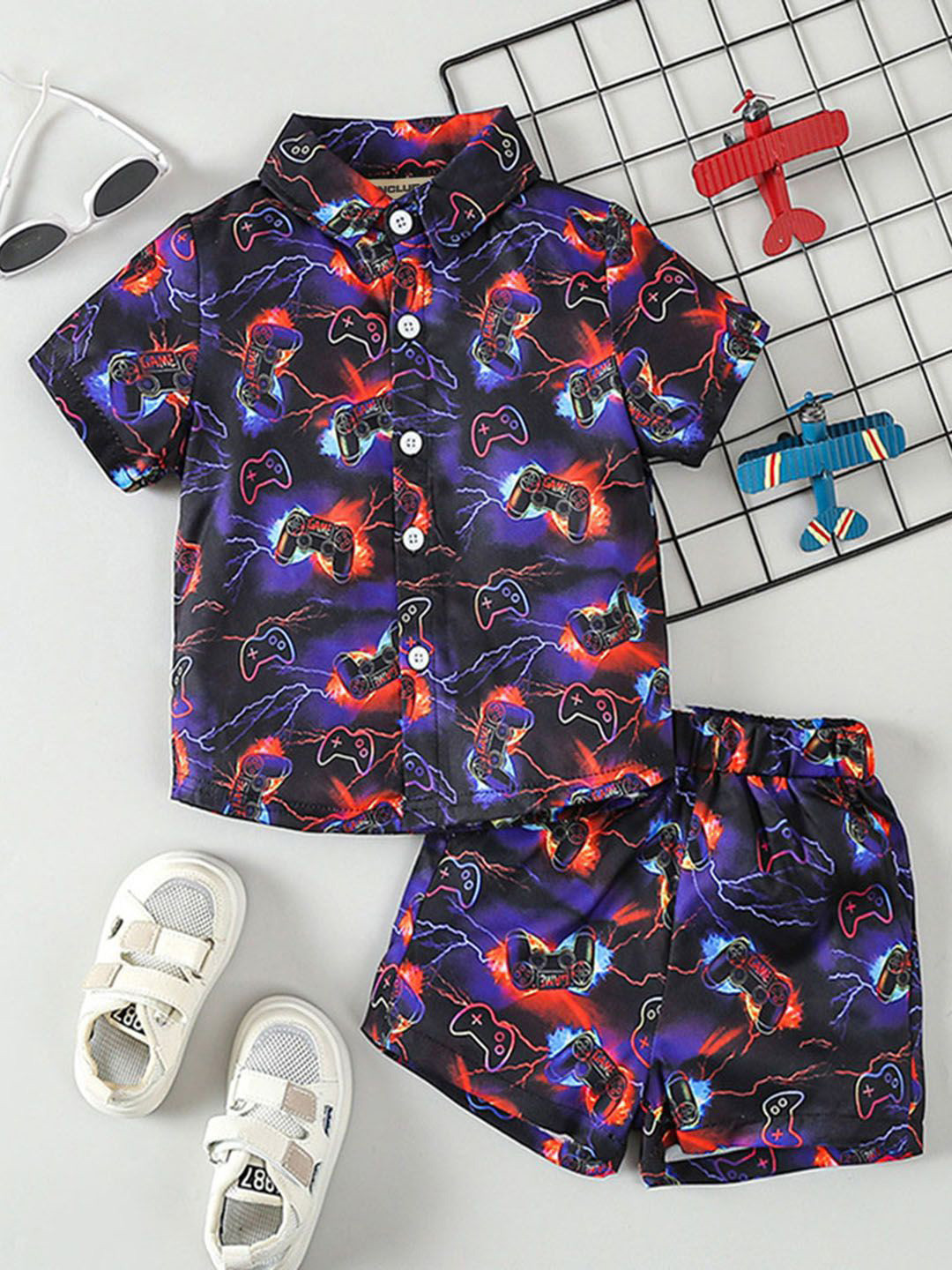 INCLUD Boys Graphics Printed Spread Collar Shorts Sleeve Shirt With Elasticated Shorts