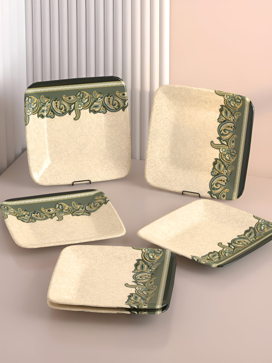 Castleite White & Green 6 Pieces Melamine Plates