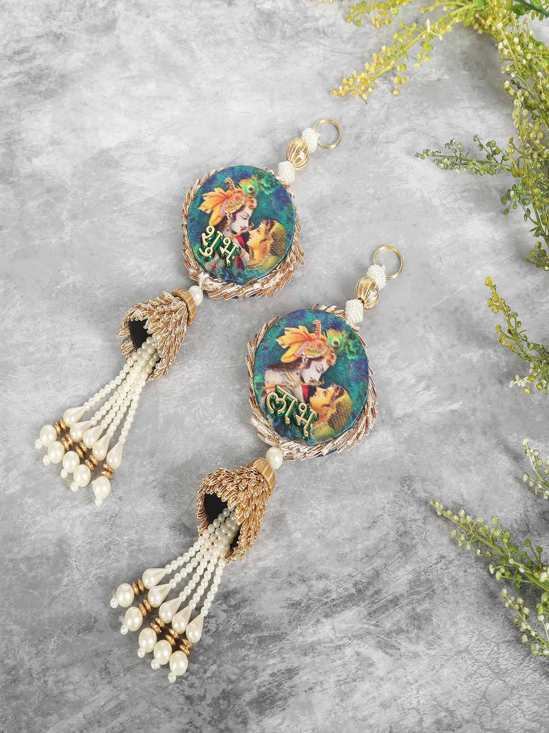 THE HOME CO. Gold Toned & Blue 2 Pieces Textured Hangings Festive Decor