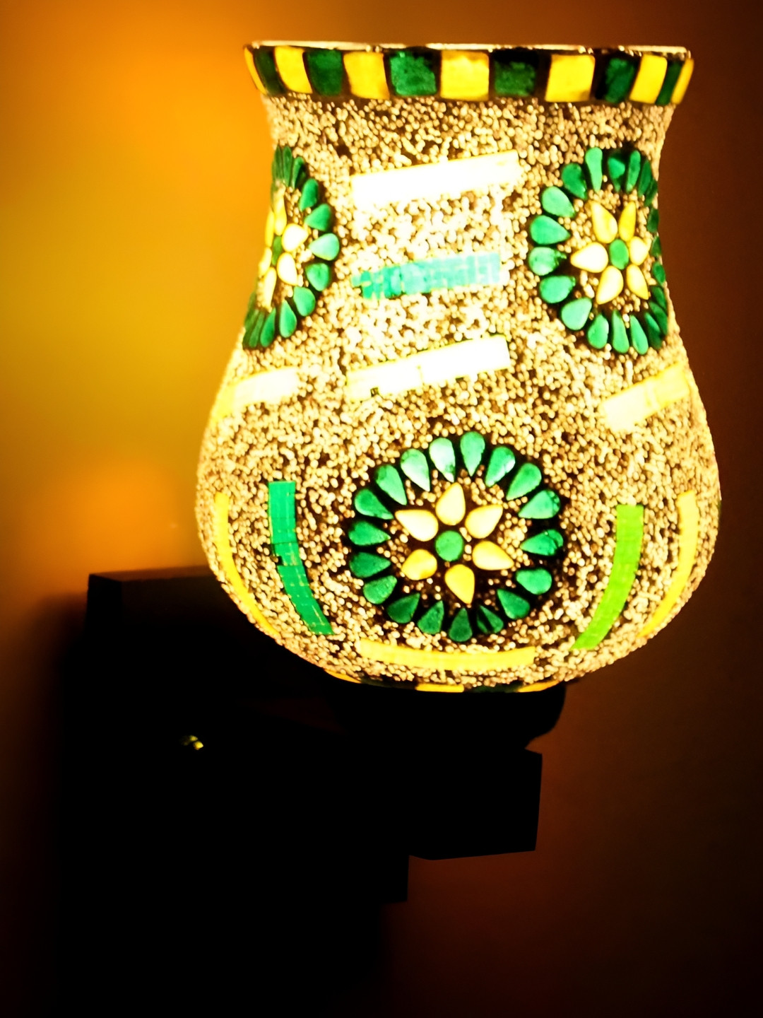 KINIS Brown & Green Floral Abstract Shaped Morni Glass Wooden Wall Lamp