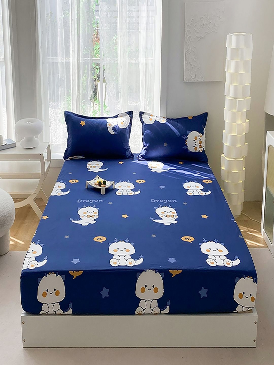 JC HOME Navy Blue Cartoon Characters Polycotton 140 TC Fitted Single Bedsheet with 2 Pillow Covers-47 x 79 inches