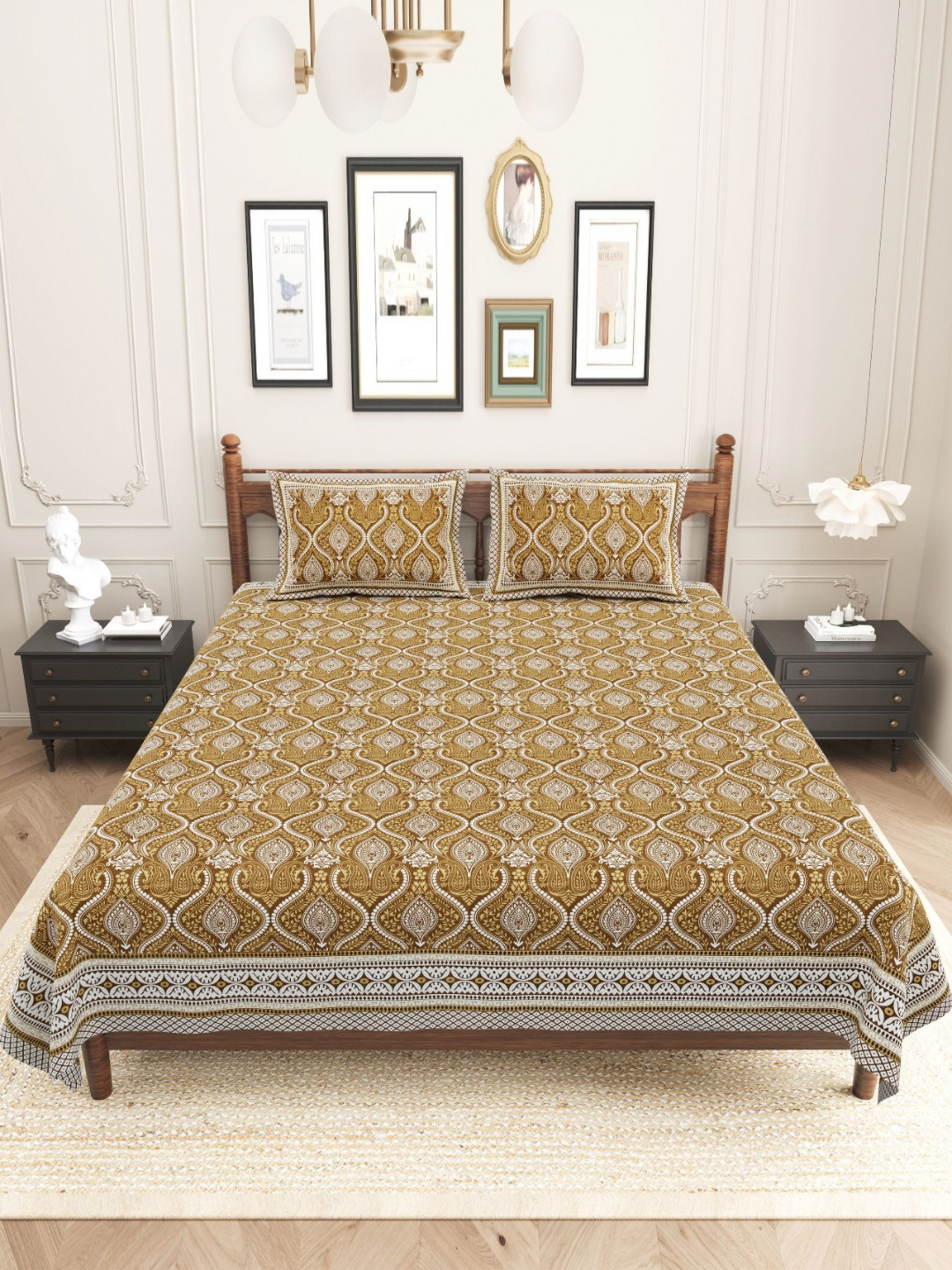Urban Jaipur Eleganc Collection Cream Printed Cotton 186TC King Bedsheet Set 2.28m x 2.74m