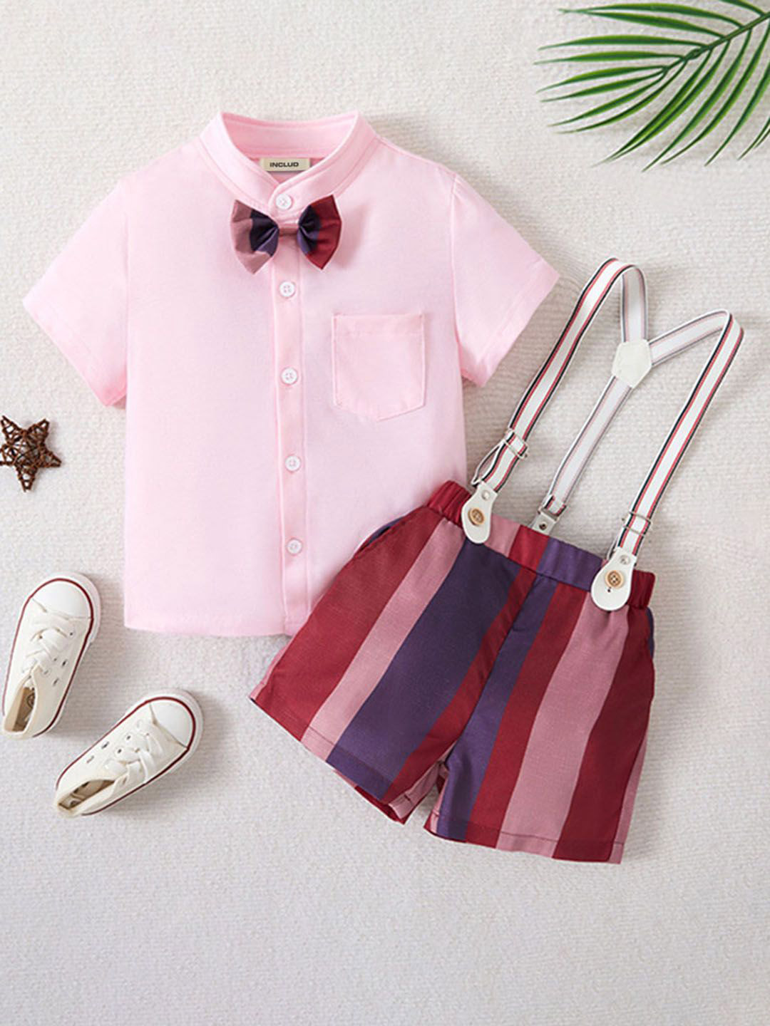 INCLUD Boys Band Collar Short Sleeve Shirt With Suspender Short