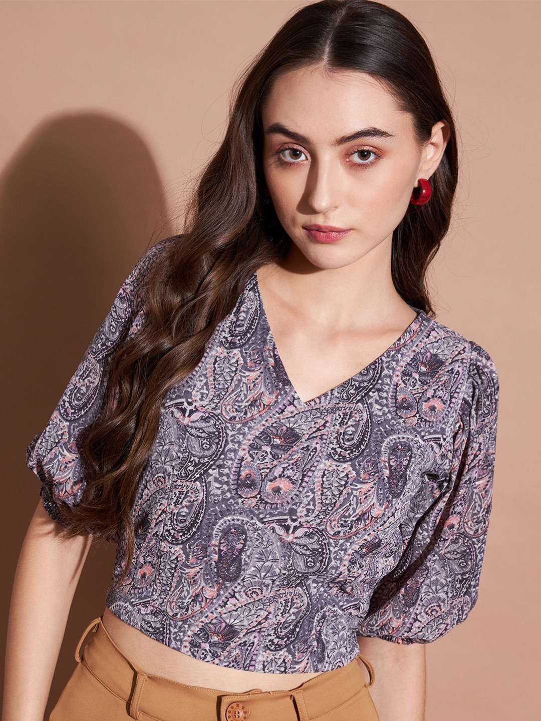 CORSICA Ethnic Motif Printed Puff Sleeve Chiffon Regular Crop Top