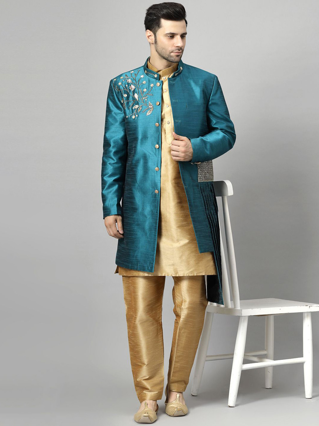 Utsav Fashion Men Embroidered Art Silk Sherwani & Pant With Art Silk Kurta Set