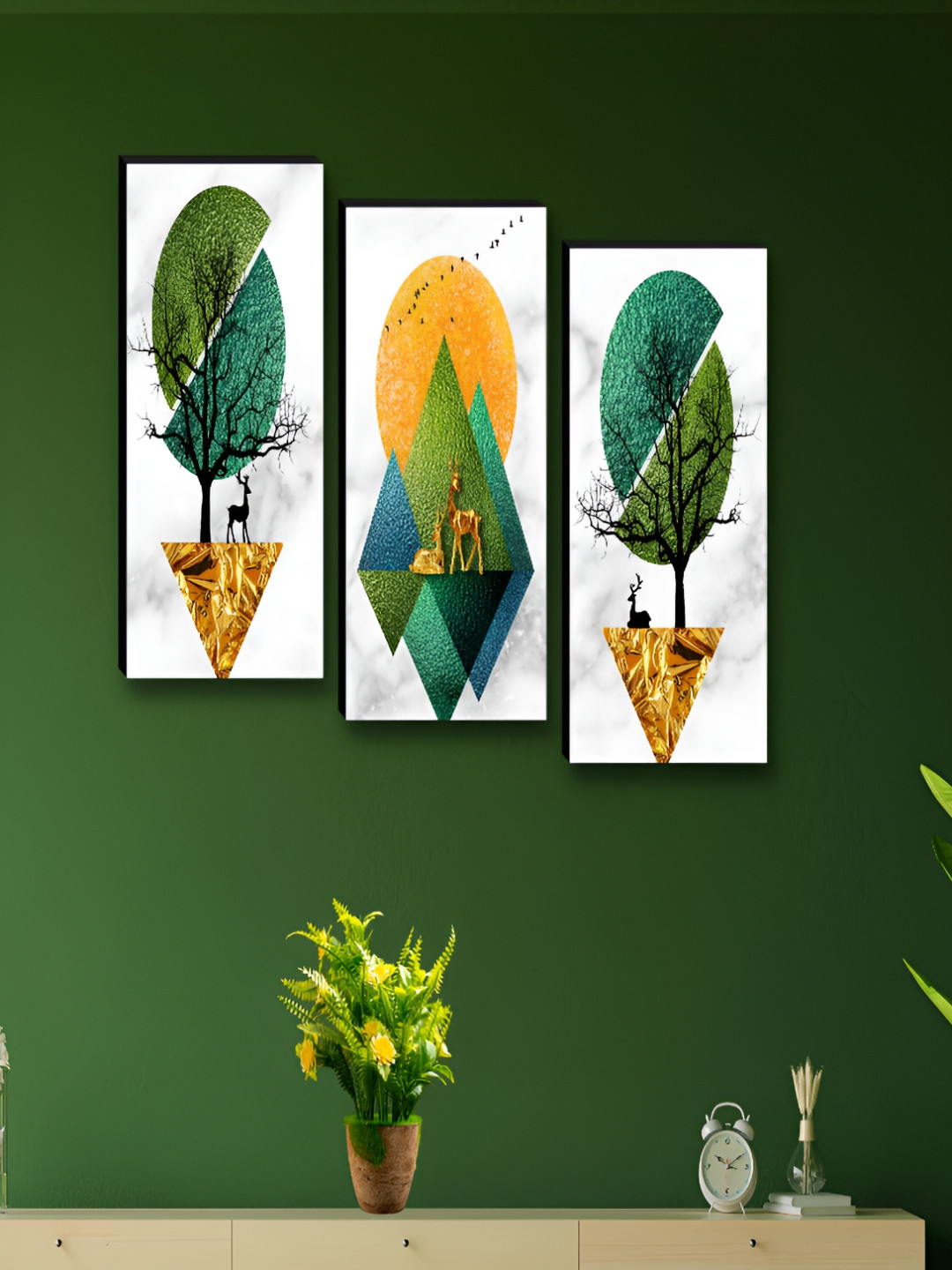 Myntra Elegant Homes White & Green 3 Pieces Tree & Deer Floral & Botanical Wooden Wall Art